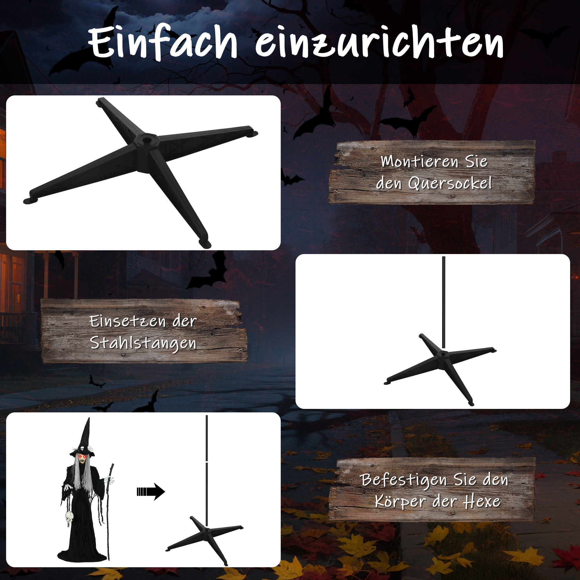 170 cm Halloween Dekoration Halloween Hexe mit LED-Lichter, Soundfunktion verstellbare Arme, Kopf