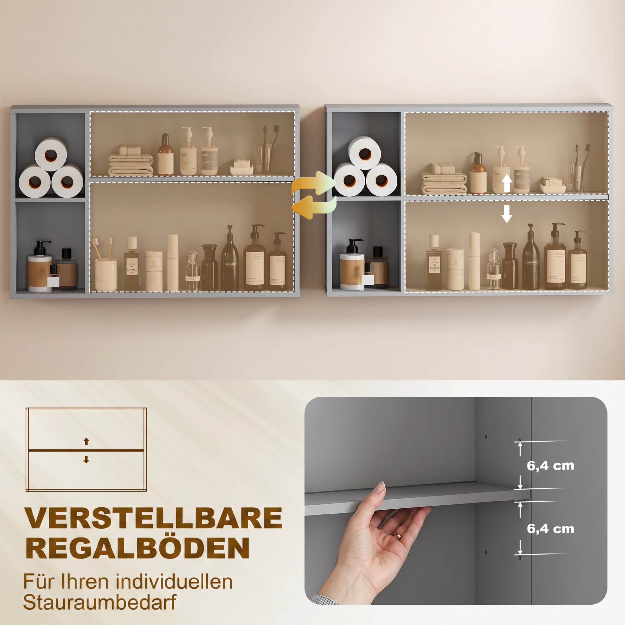 Wandmontierter Badezimmerspiegelschrank, Medizinschrank mit 3 Türen, Verstellbare Einlegeböden, Grau