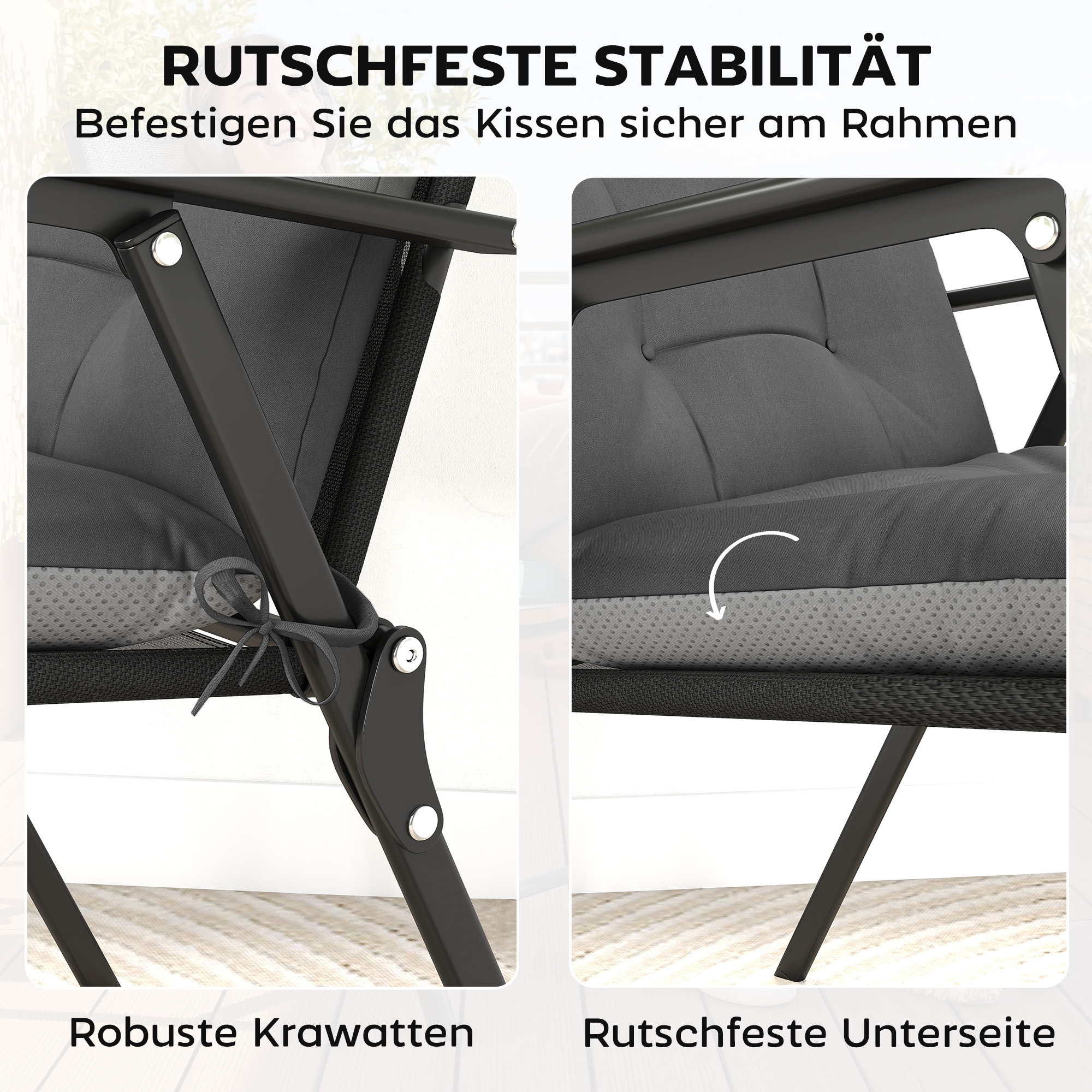 4er Set Sitzkissen wasserabweisend rutschfest Stuhlkissen mit Bändern, Indoor Outdoor 111,5 x 53 x 8 cm Dunkelgrau