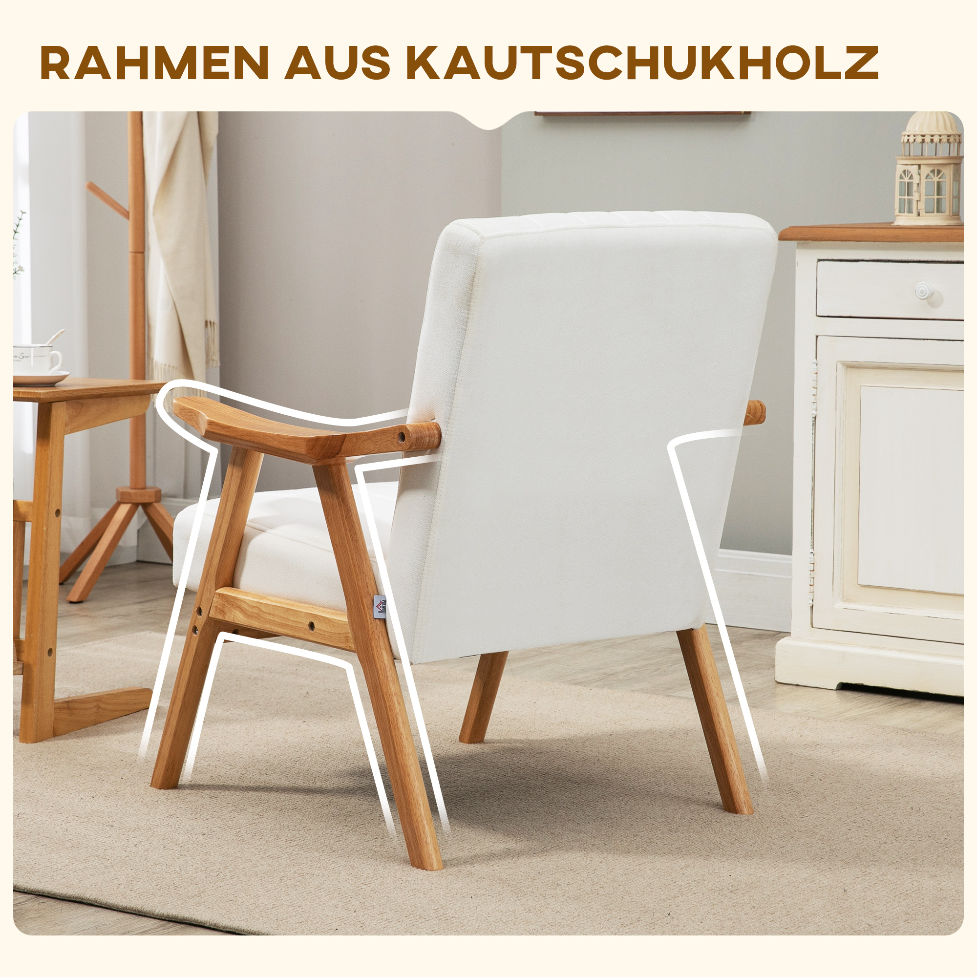 Polstersessel im Skandi-Design, Samtoptik, Massivholzrahmen, 68 x 74 x 82cm, Natur+Creme
