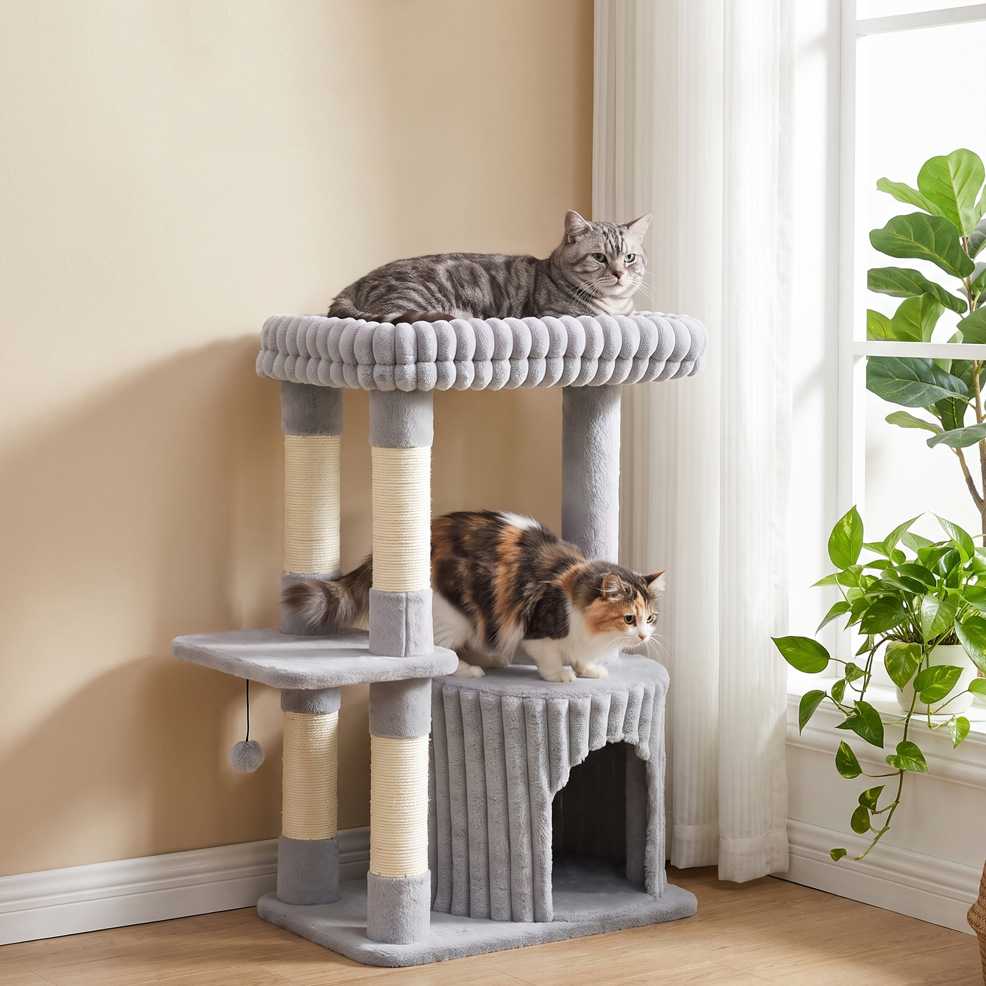 Katzenbaum, 93 cm 3 stufiger Kratzbaum mit Sisal-Kratzstämmen, Kuschelhöhle, großer Liegefläche, Plattform, bis 6 kg