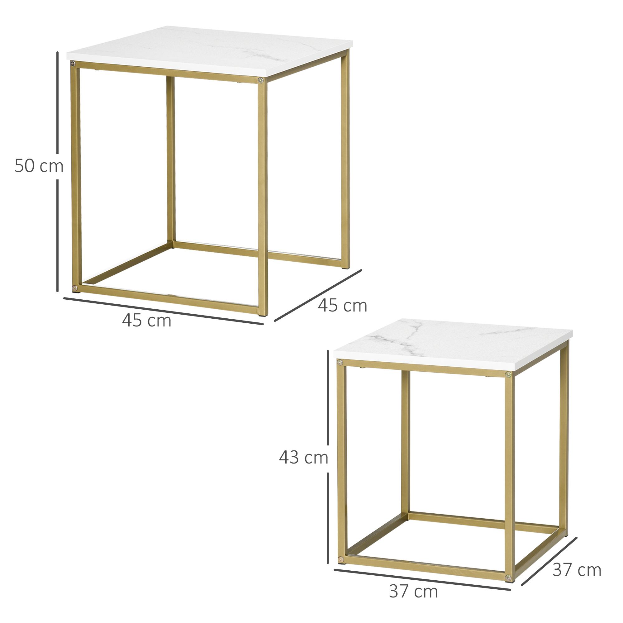 2er-Set Beistelltische, stapelbare Beistelltische, Tischplatte in Marmoroptik, Gold + Weiß