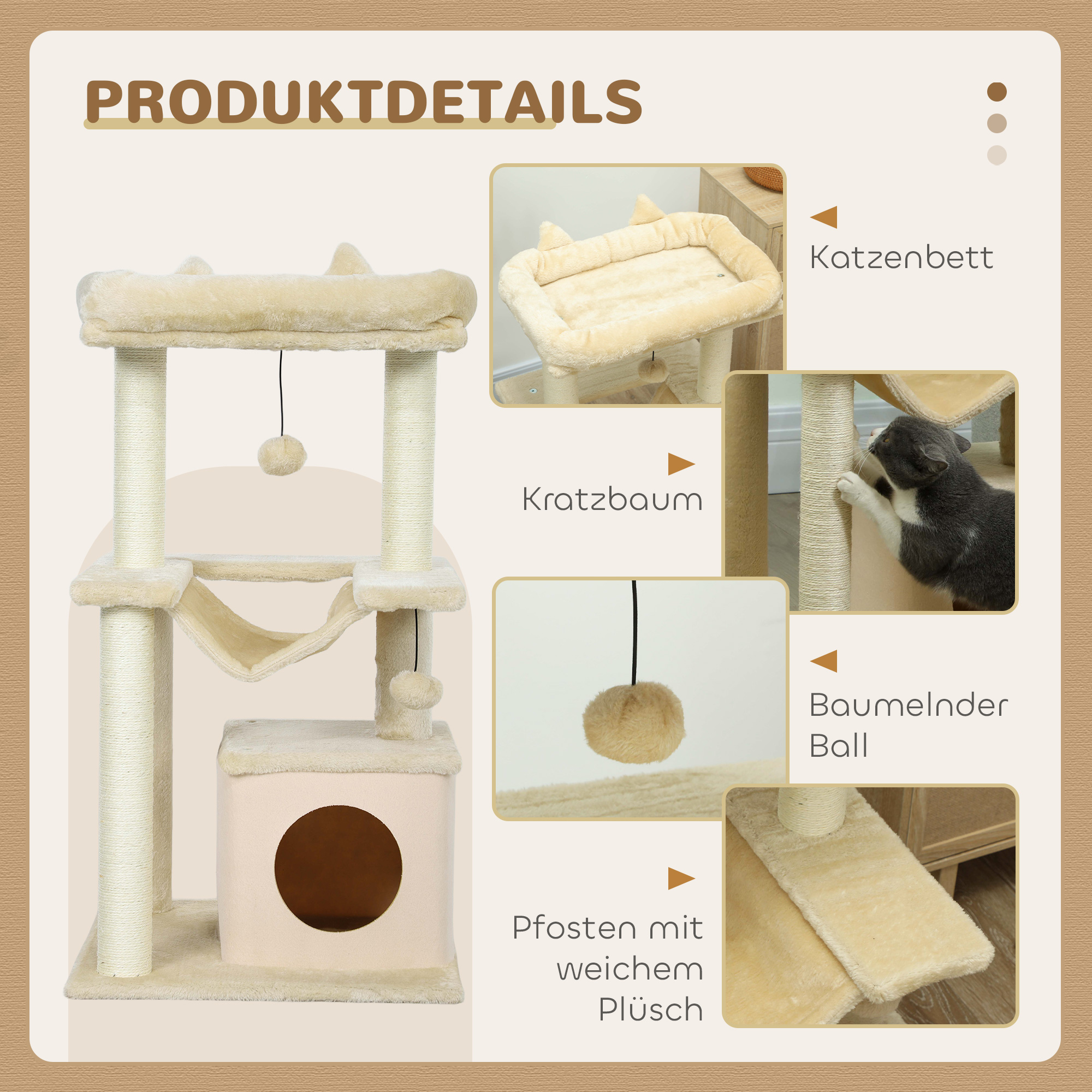 Katzenbaum, Kratzbaum mit Spielzeug, Sitzstange, Hängematte, 48 x 48 x 90 cm, Creme