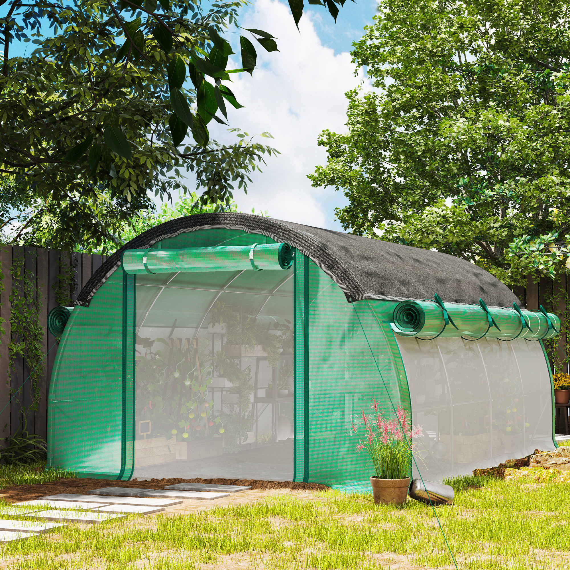4 x 3 x 2 m Polytunnel-Gewächshaus mit Sonnenschutznetz, rollbaren Seitenwänden, Kunststoff-Abdeckung, Stahlrahmen, Grün