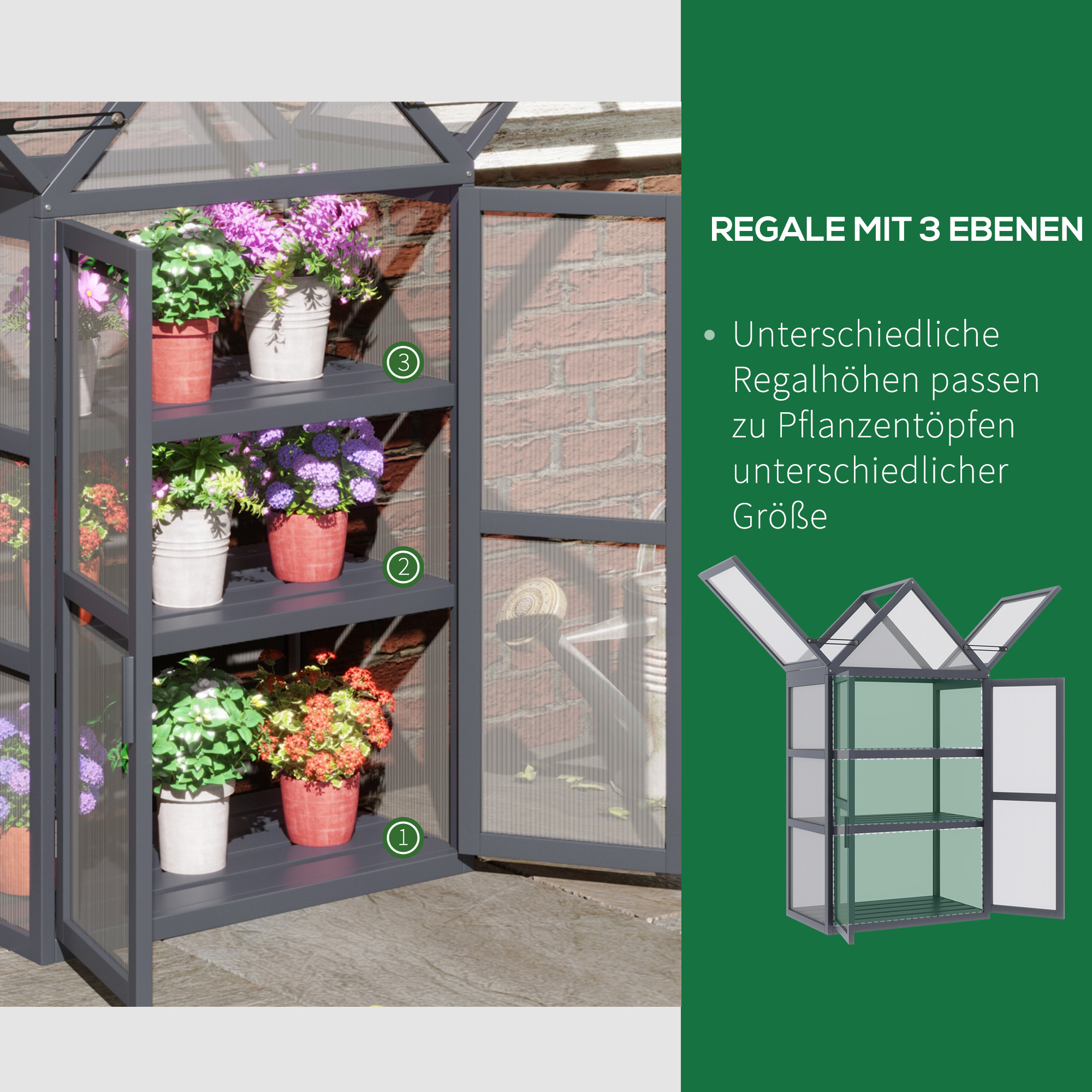 Frühbeet Mini Gewächshaus 3 Ebenen Treibhaus Pflanzenbeet mit aufklappbarem Dach Doppeltüren aus Holz Polycarbonat wetterfest Natur 70,5 x 42 x 132 cm