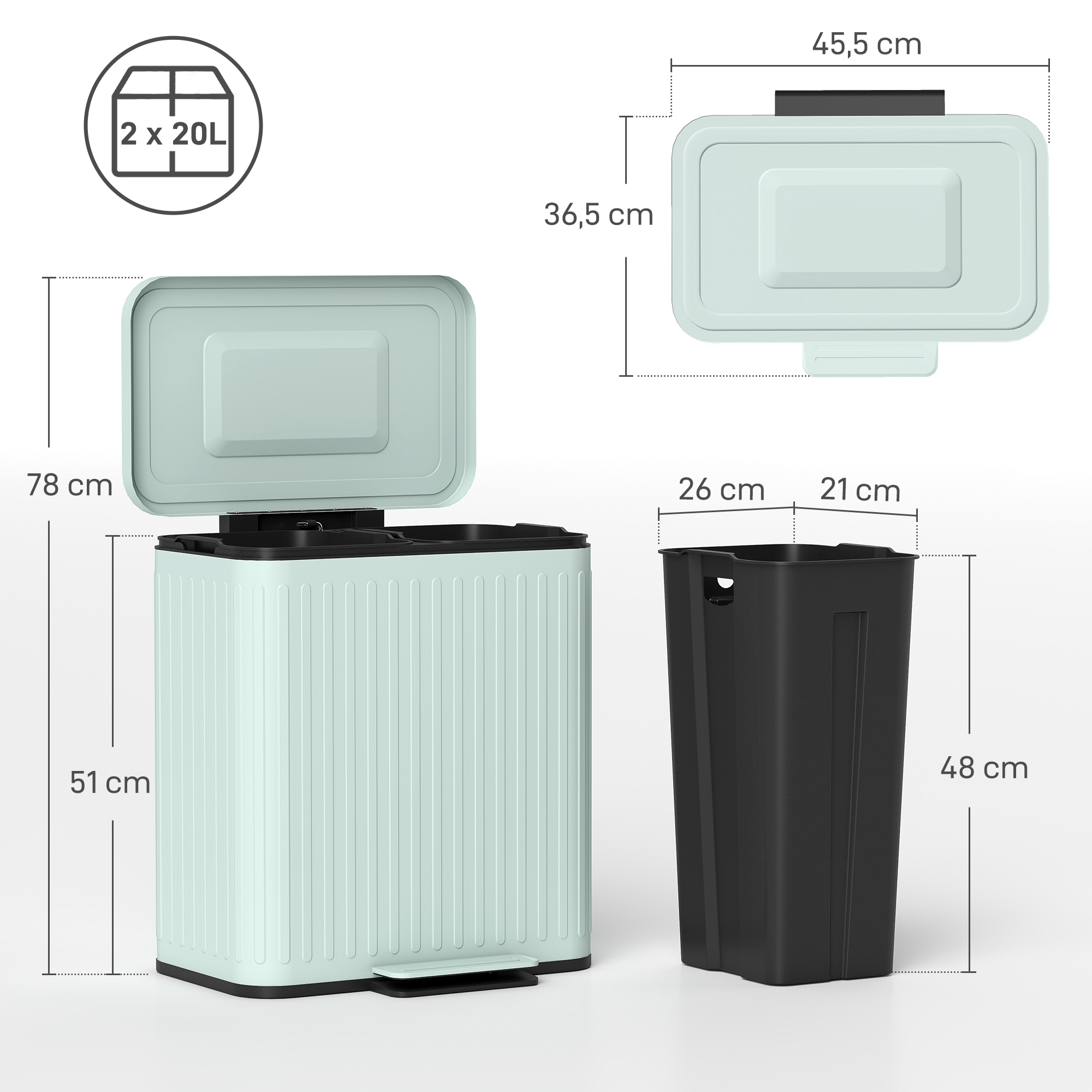 Küchenmülleimer, 2x 20l-Fächer, effiziente Mülltrennung, Fußpedal, Kunststoff, Metall, Grün