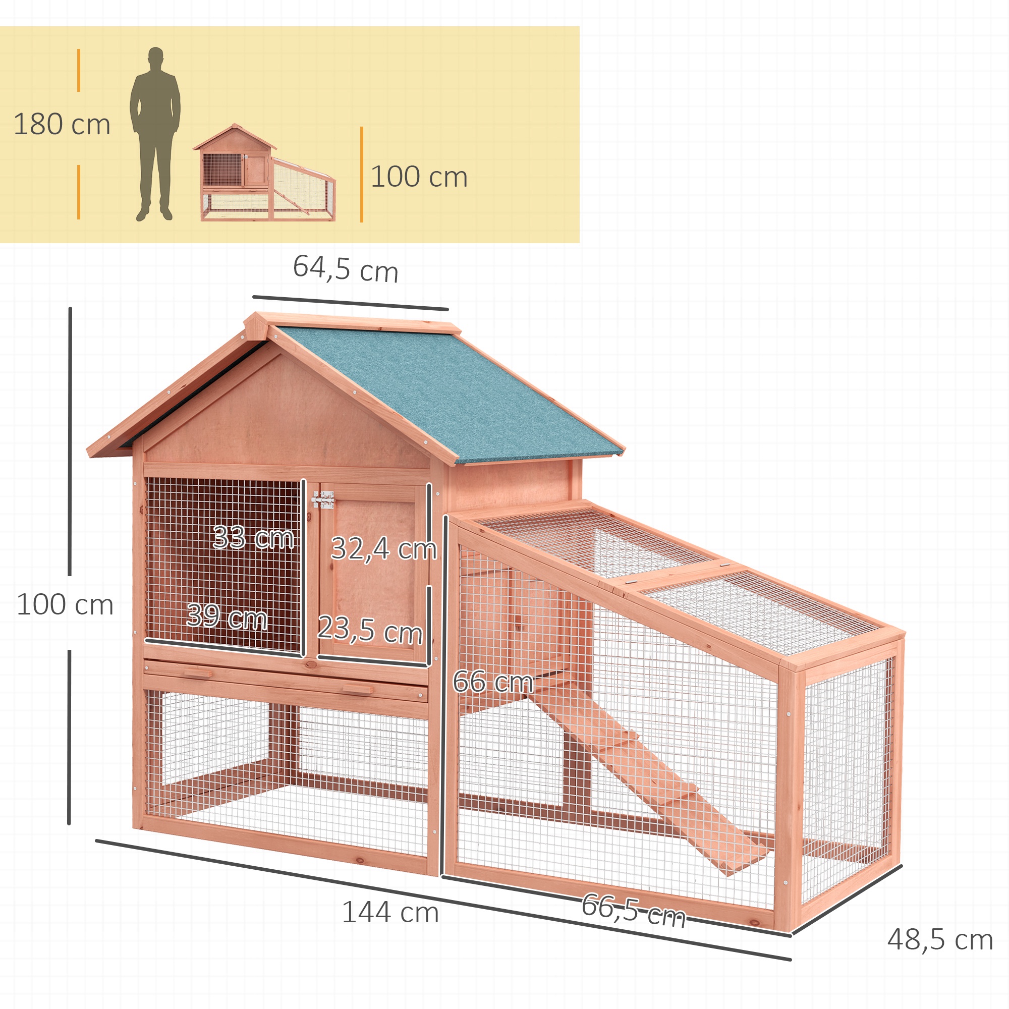 Kaninchenstall aus Holz auf Zwei Etagen mit Rampe 144x64,5x100 cm Hasenstall mit wasserabweisend Bitumendach Kleintierstall Winterfest für draußen mit mehreren Eingängen herausnehmbar Schublade