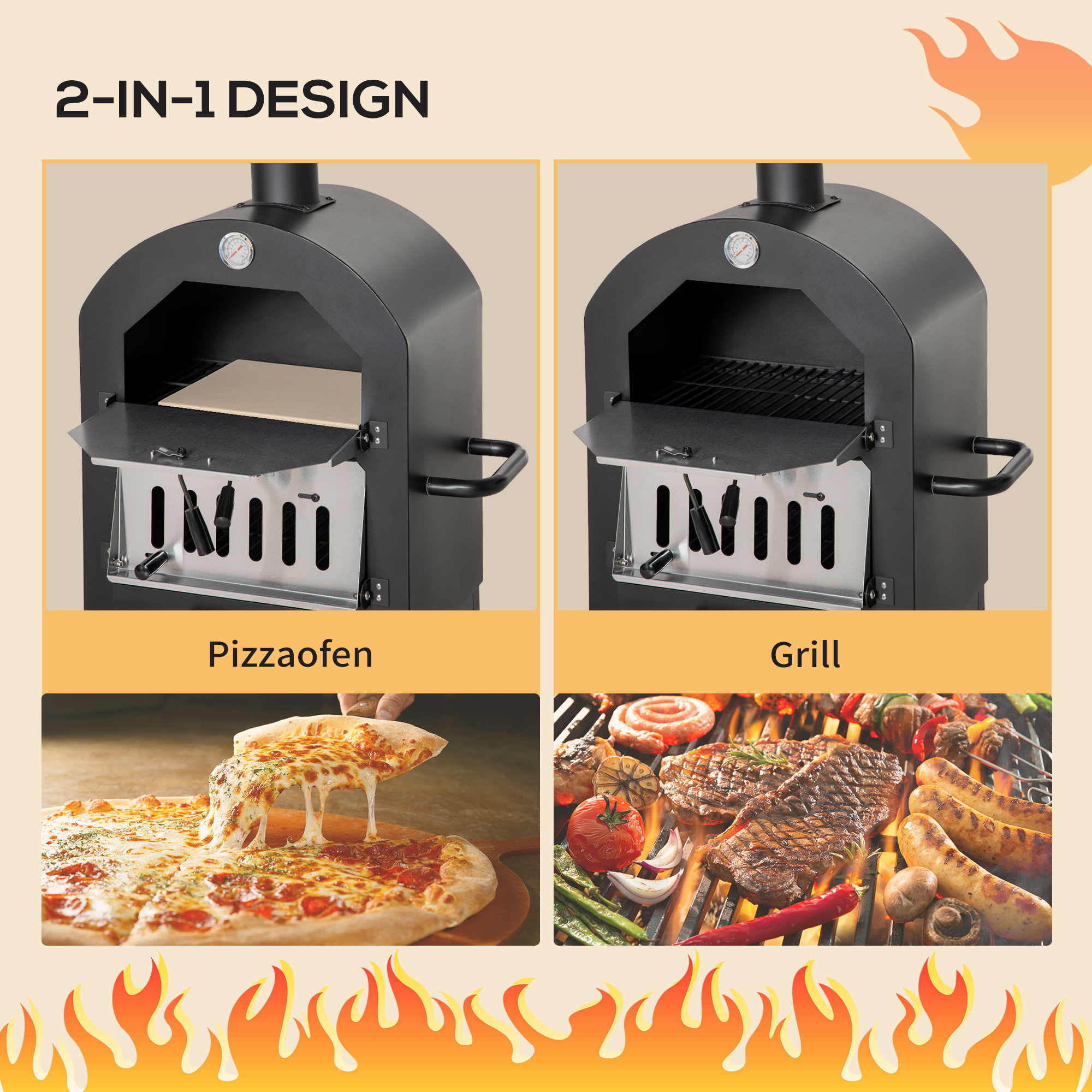 2-In-1 Pizzaofen Outdoor mit Rollen Grillofen mit Schutzhülle Pizzaschaufel 2 Grillnetzen Grillwagen mit Schornstein 3-Tier Holzbackofen für BBQ Stahl Schwarz+Silber 63 x 54 x 161 cm