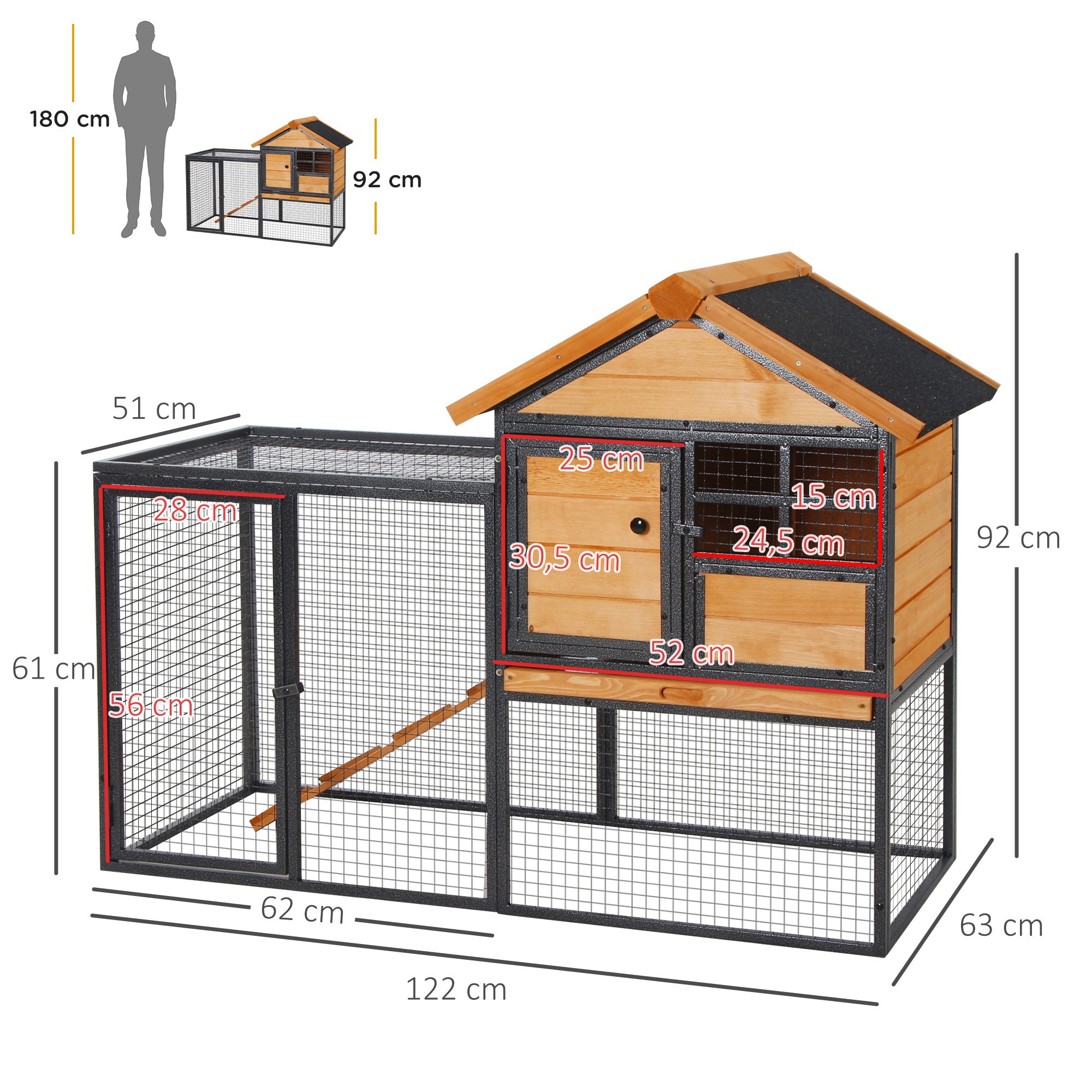 Kleintierstall mit Freigehege u. Rampe 122 cm x 63 cm x 92 cm Tannenholz Metall Hellgelb+Dunkelgrau