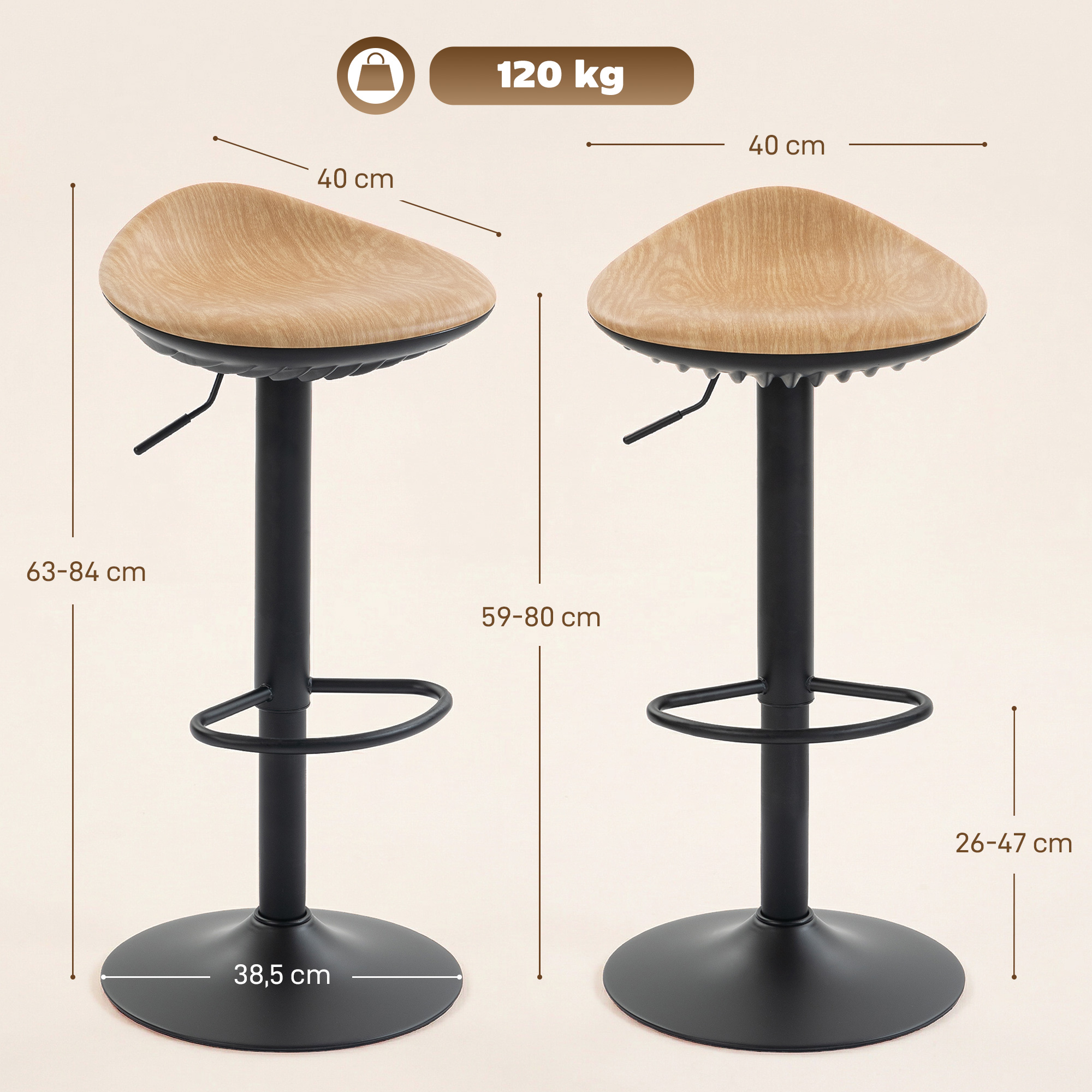 Barhocker 2er Set Drehbar Barstuhl mit Fußstütze Höhenverstellbar Tresenhocker mit Holzoptik, für Küche, Eiche