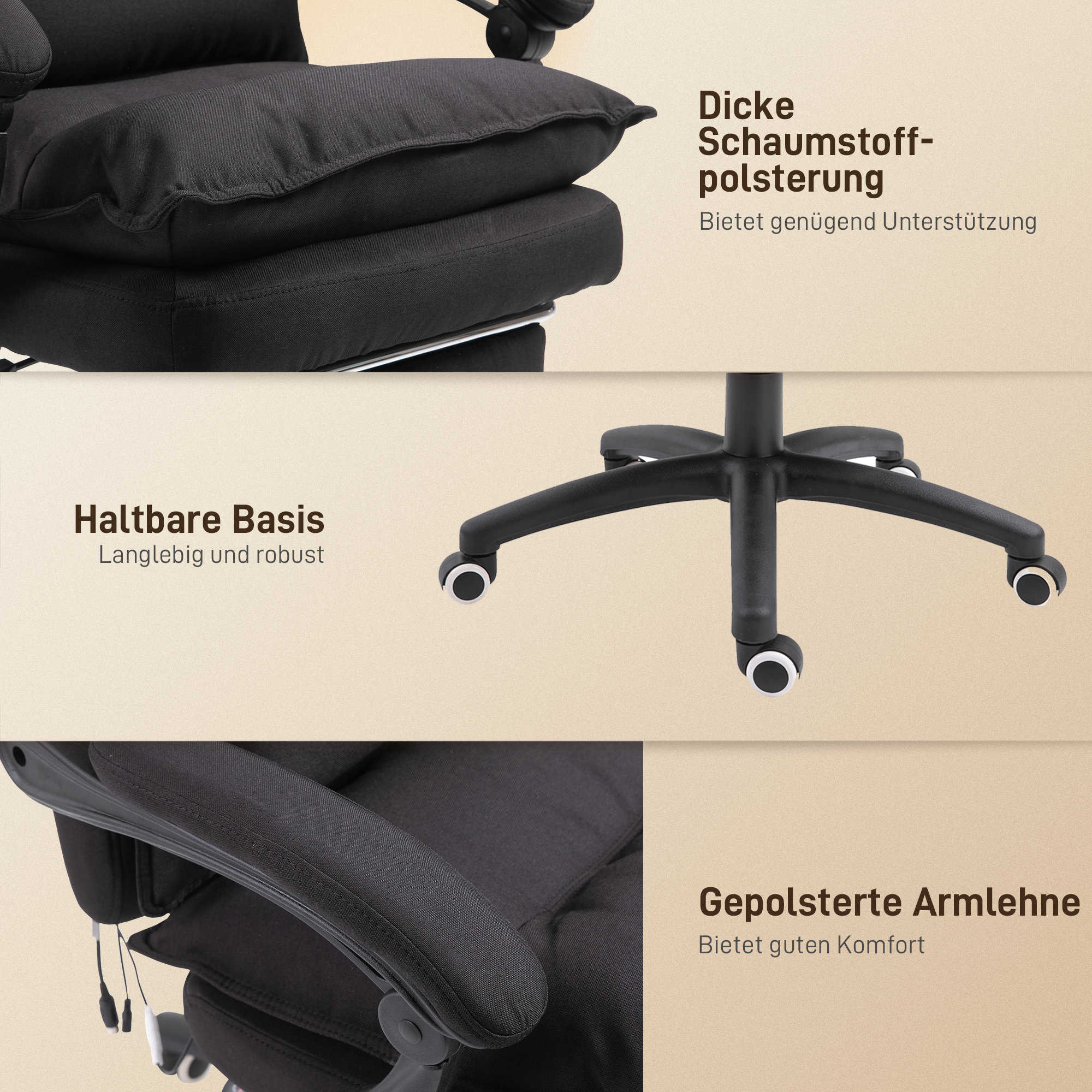 Bürostuhl mit Massagefunktion, Ergonomischer Schreibtischstuhl mit Liege- & Drehfunktion, mit Fußstütze, Schwarz