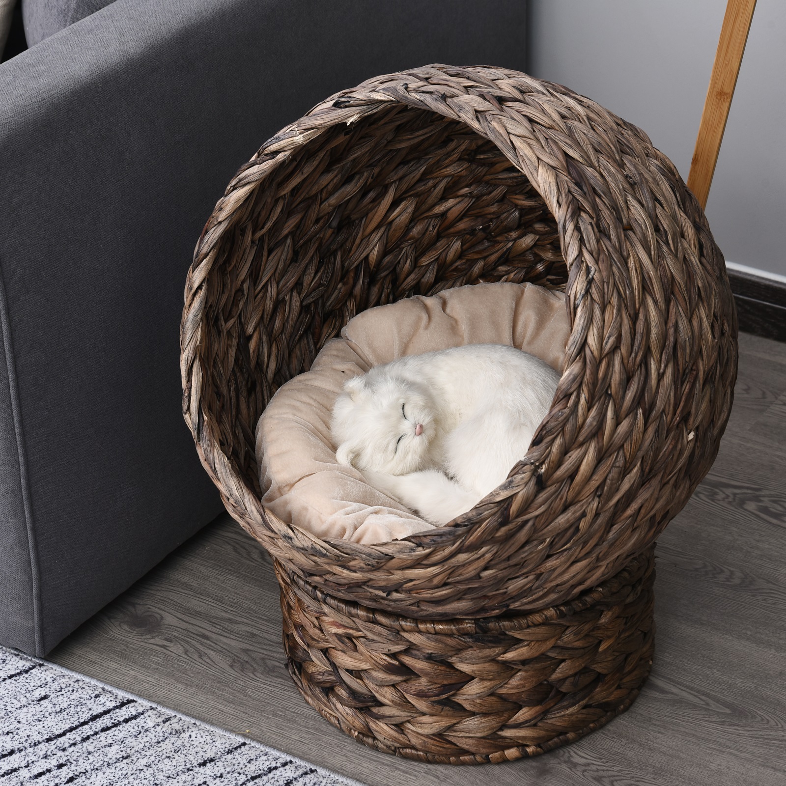 Katzenkorb aus Wasserhyazinthe inkl, Kissen, Katzenbett, Haustierbett,50 cm x 42 cm x 60 cm, Braun + Beige