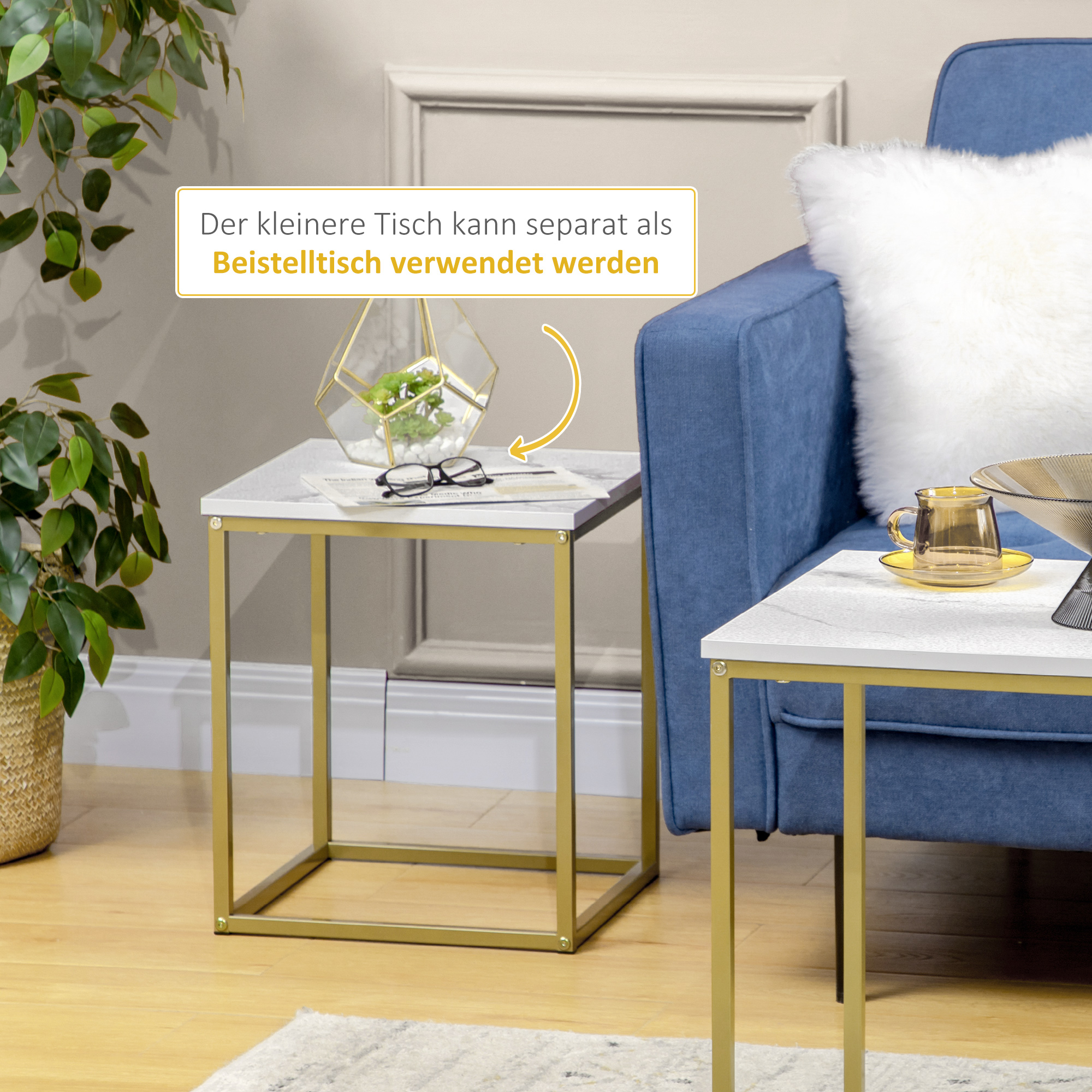 2er-Set Beistelltische, stapelbare Beistelltische, Tischplatte in Marmoroptik, Gold + Weiß