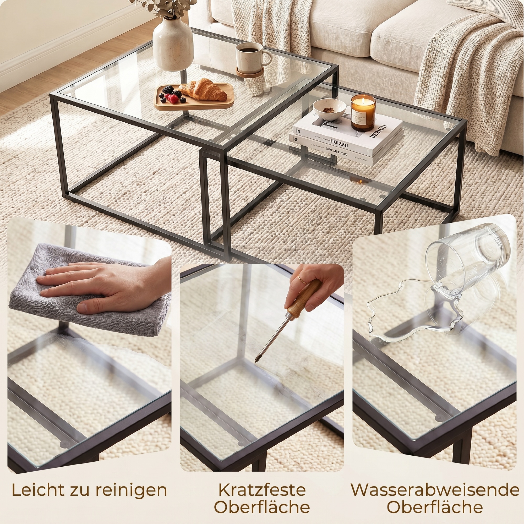 Couchtische 2er-Set Runder Satztisch mit gehärteter Glasplatte und Metallrahmen, für Wohnzimmer Schwarz