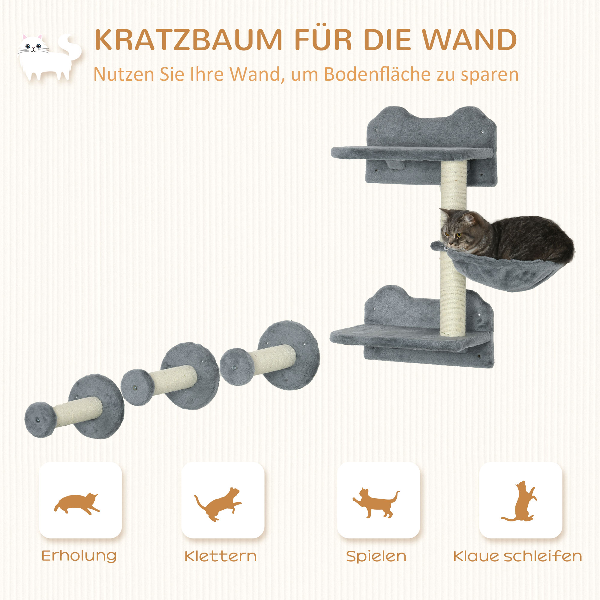 Kletterstufen, Kletterwand, Katzentreppe, 4-tlg. Set, mit Kratzbaum, Hängematte, grau+cremeweiß, 40 x 28 x 73cm