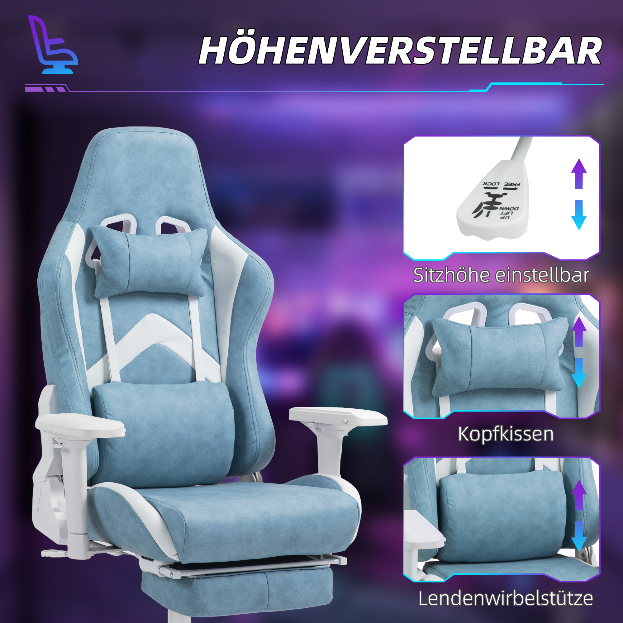 Gaming-Sessel, verstellbare Armlehnen & Rückenlehne, Kunstlederbezug, bis 120 kg, Blau