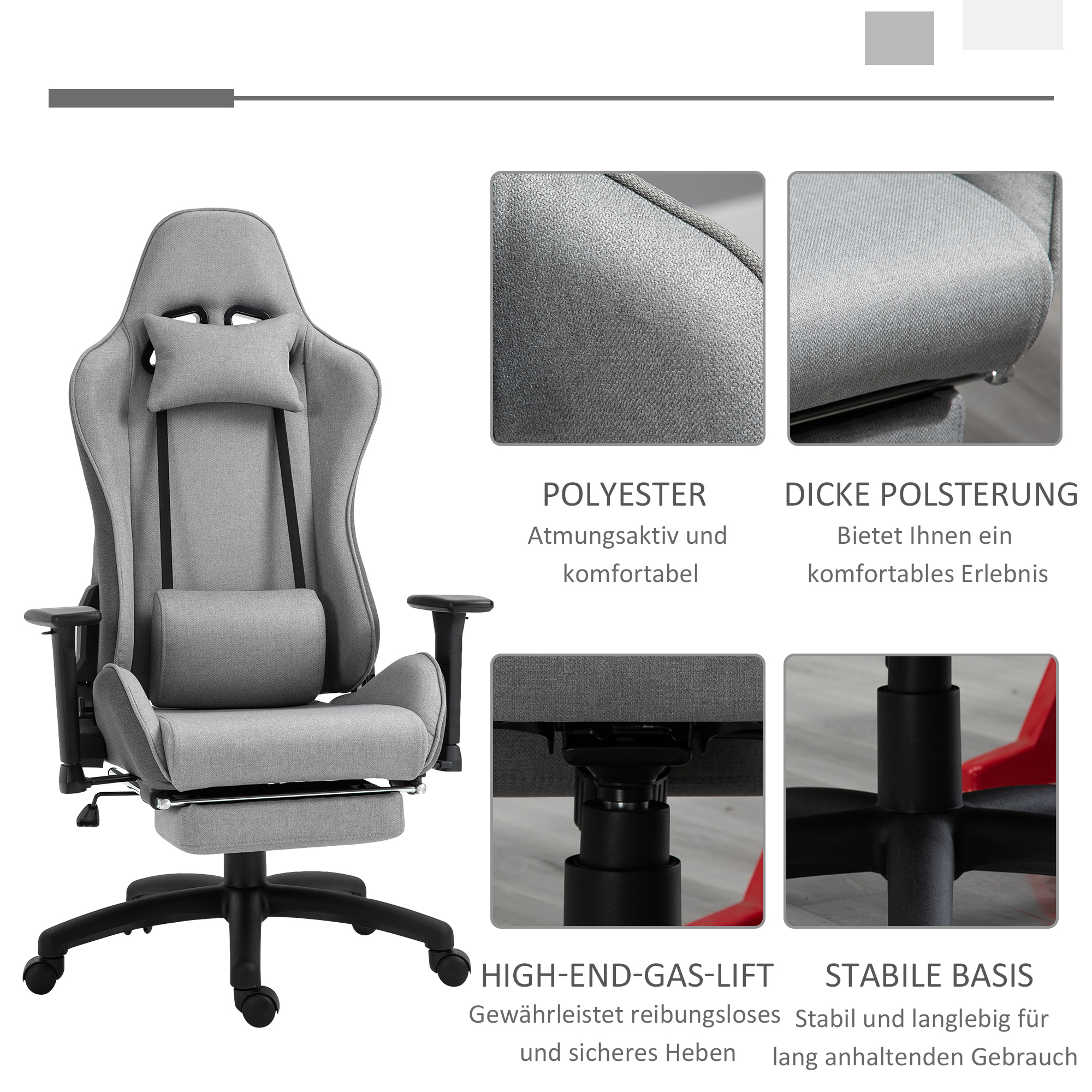 Bürostuhl Computerstuhl Drehstuhl mit abnehmbarem Kopf- und Lendenkissen Wippenfunktion ergonomischer Schreibtischstuhl drehbar höhenverstellbar mit Fußstütze PP Grau 73x57x127-135 cm