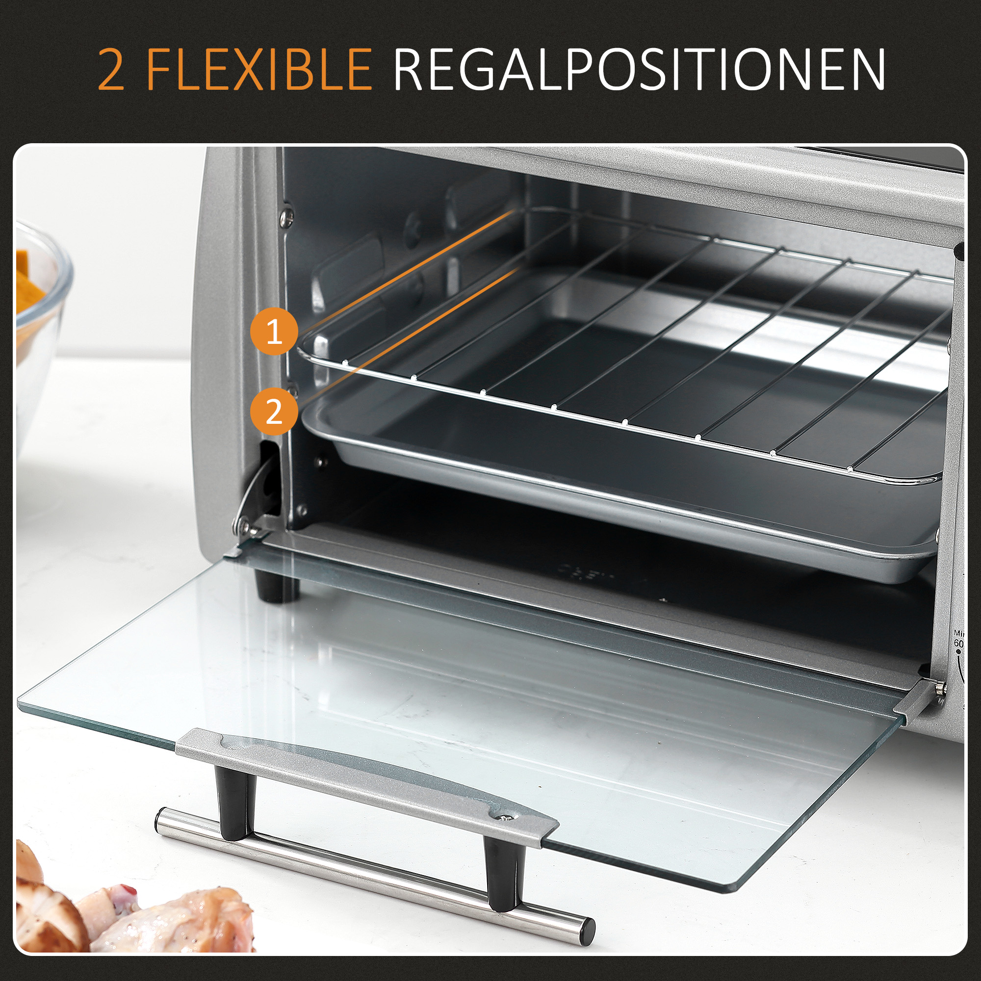Mini Backofen 10 L 750W 100-230? 60 Min, Timer mit Backblech, Grillrost und Herausnehmbarer Bodenschale, Pizza-Ofen Silber