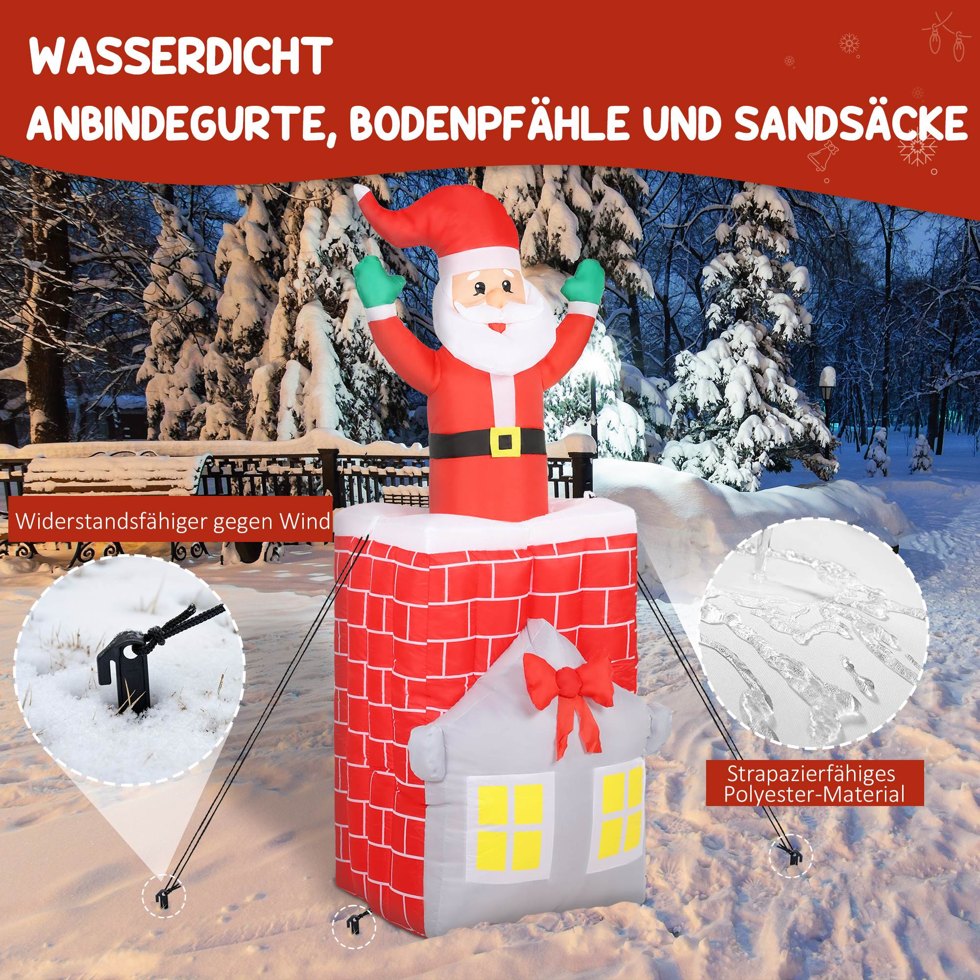Aufblasbare Weihnachtsdekoration, Weihnachtsmann in Schornstein, LEDs, Gebläse