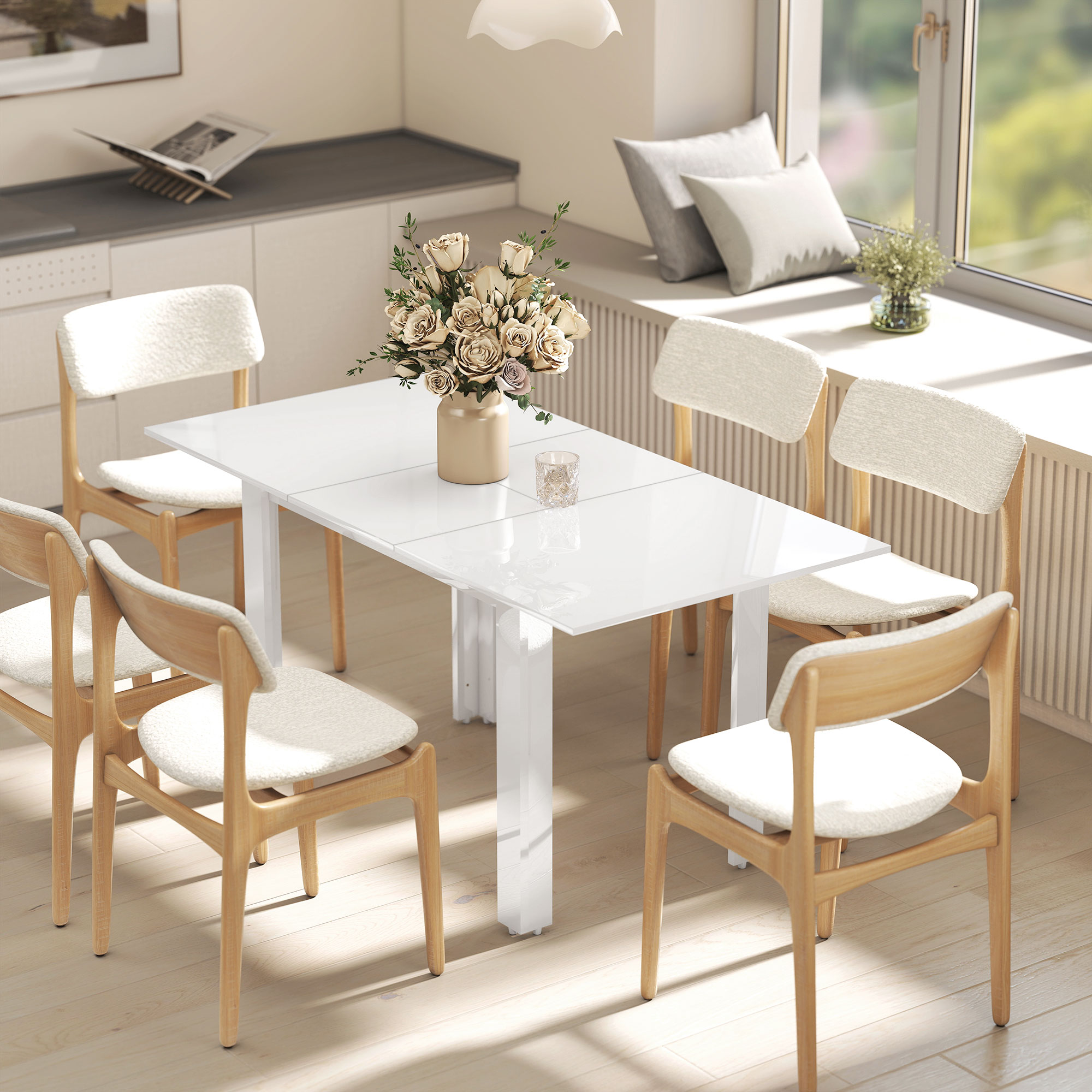 ausziehbarer Esstisch, 120-160 x 70 cm, verstellbarer Küchentisch für 4-6 Personen, MDF, Hochglanzweiß
