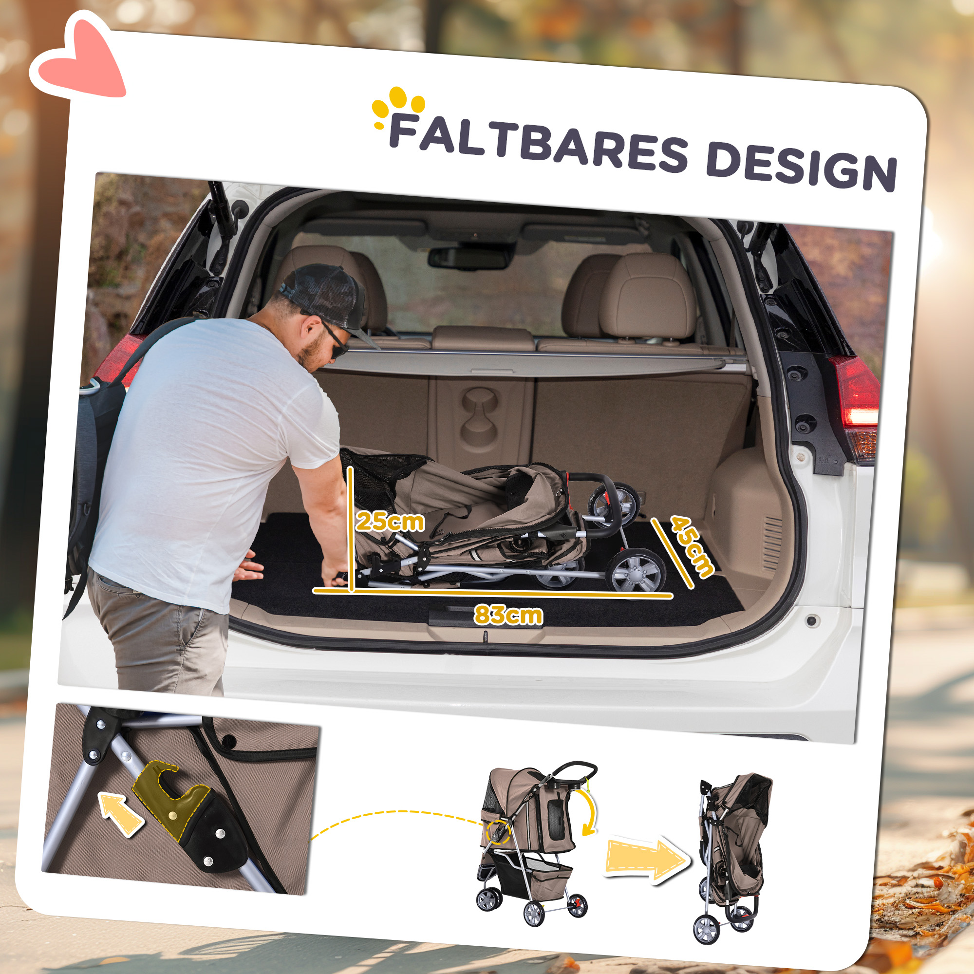 Hundebuggy Hundewagen bis 10 kg Klappbar Bodenkorb 2 Becherhalter verstellbares Vordach Kaffeebraun