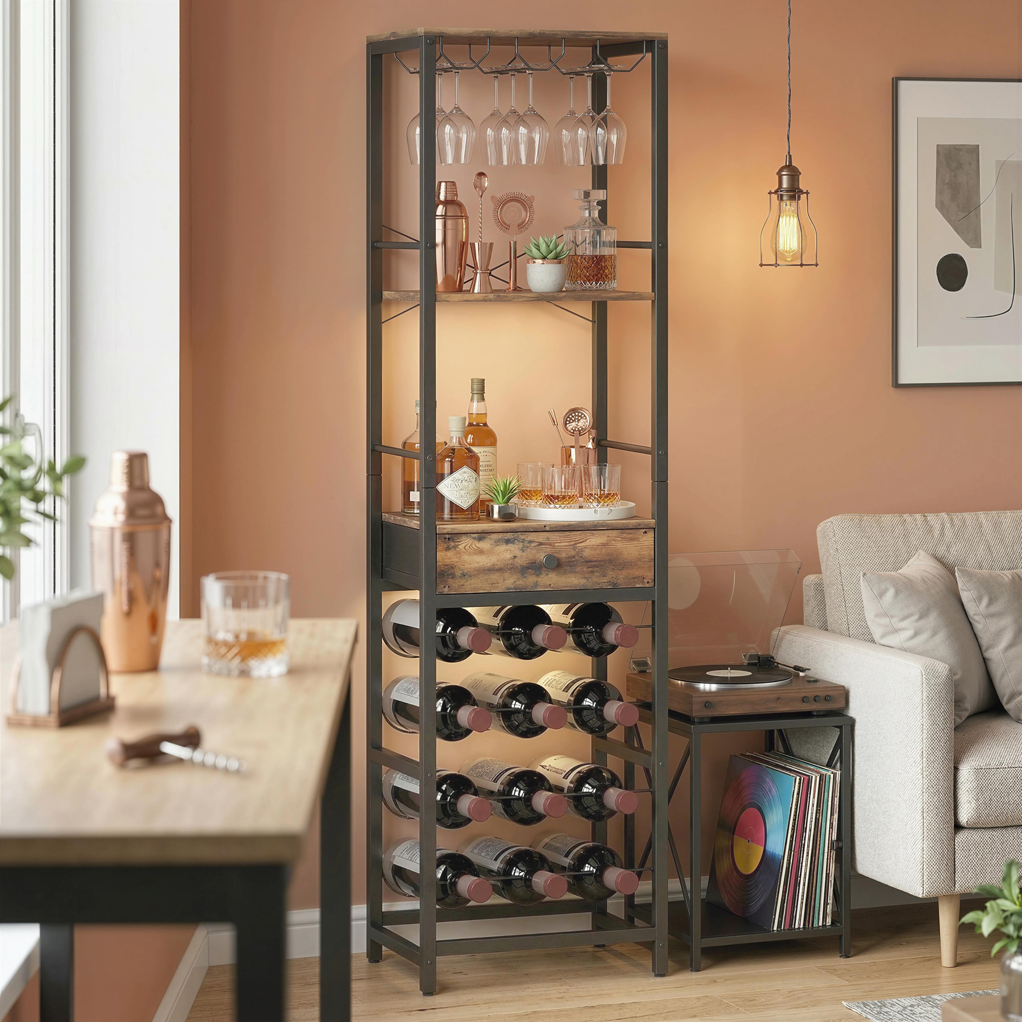 Weinbar-Schrank mit Schublade, Industrieller Barschrank, Weinregal für 12 Flaschen, Glashalter, Rustikal Braun