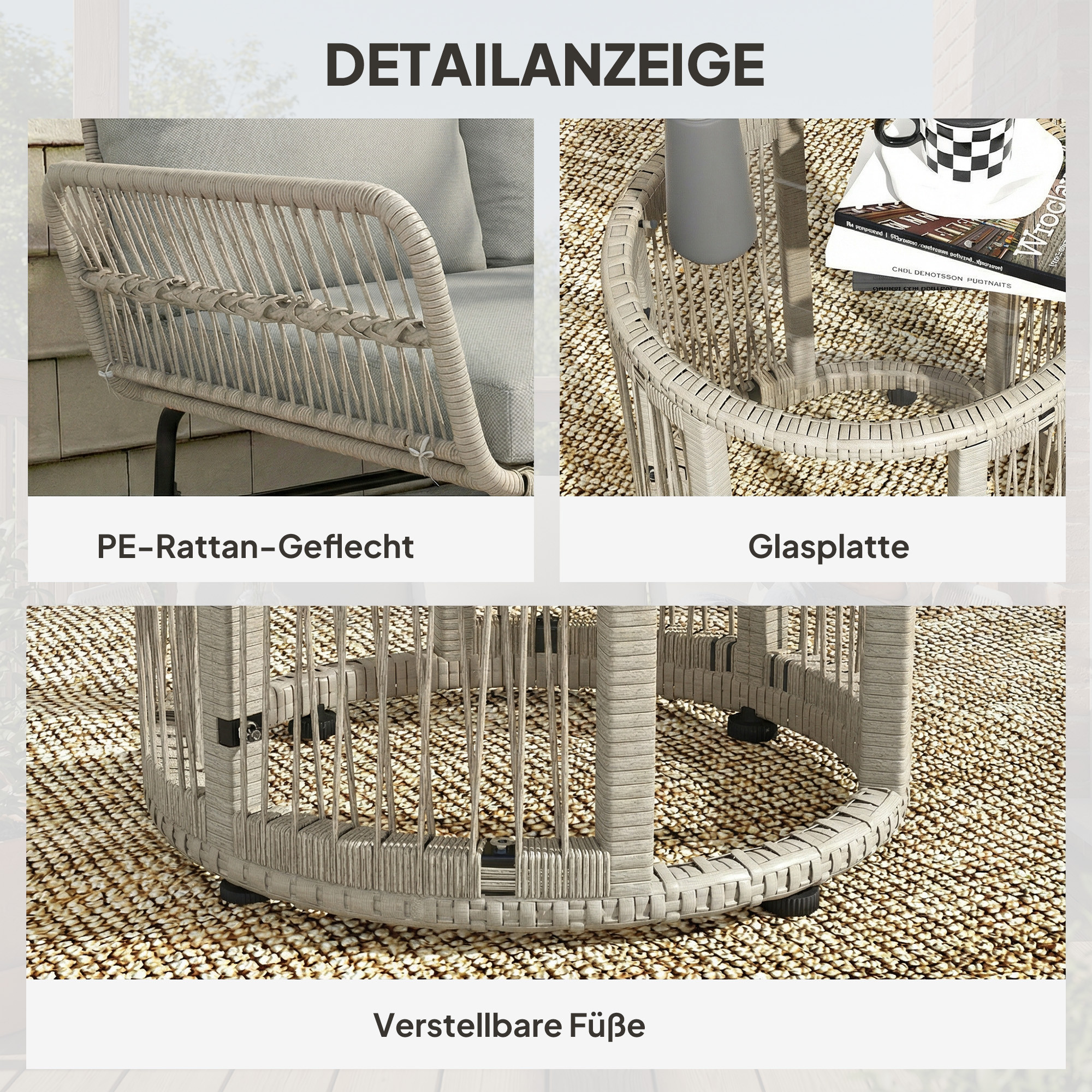 Polyrattan Gartenmöbel Set 3-teilig, Lounge Set mit Chaiselongue Zweisitzersofa Glastisch abnehmbar Kissen