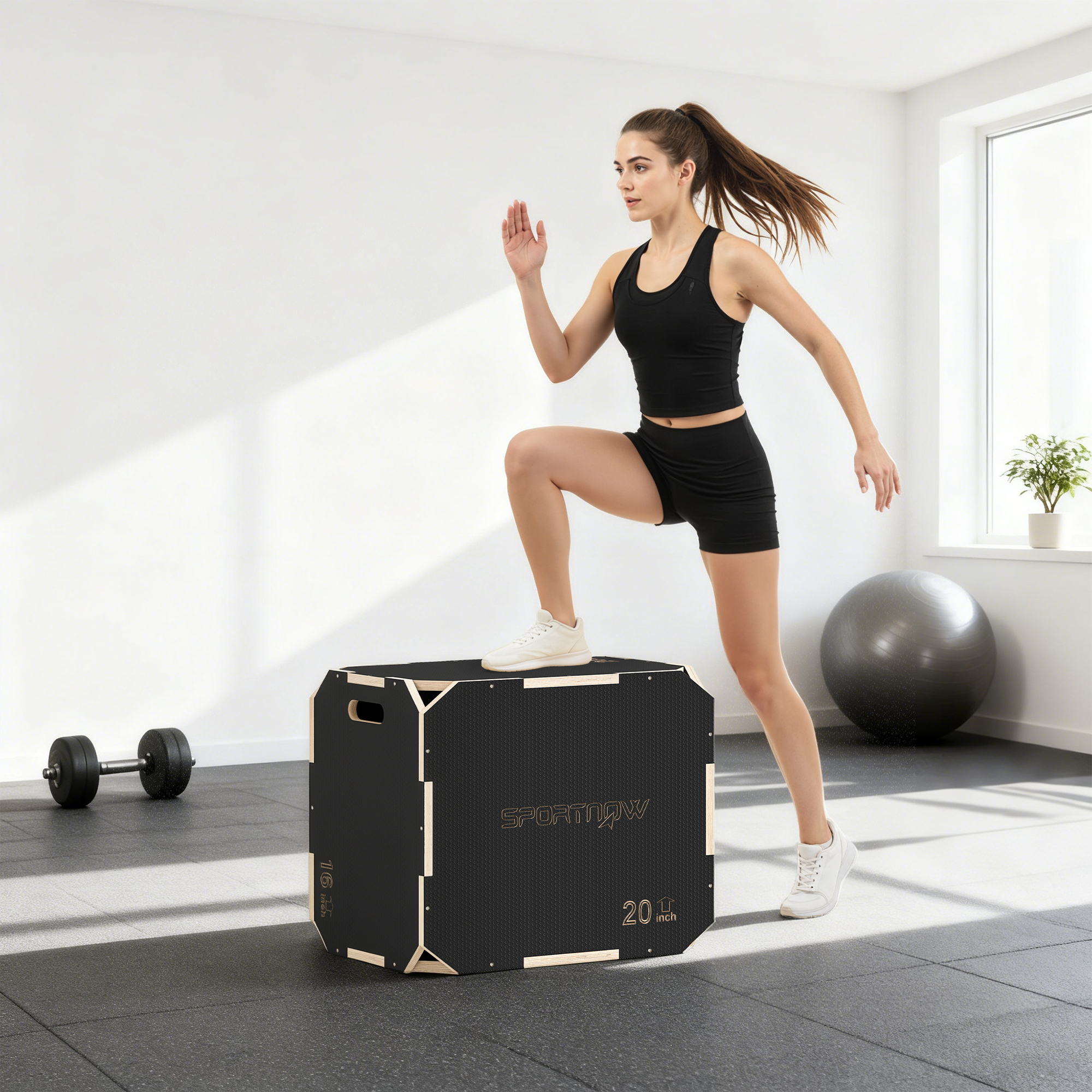 3-in-1 Plyo-Box, Sprungbox mit Griff-Öffnungen, für Home-Fitness und Outdoor-Workouts, 3 Sprunghöhen, Holz, Schwarz