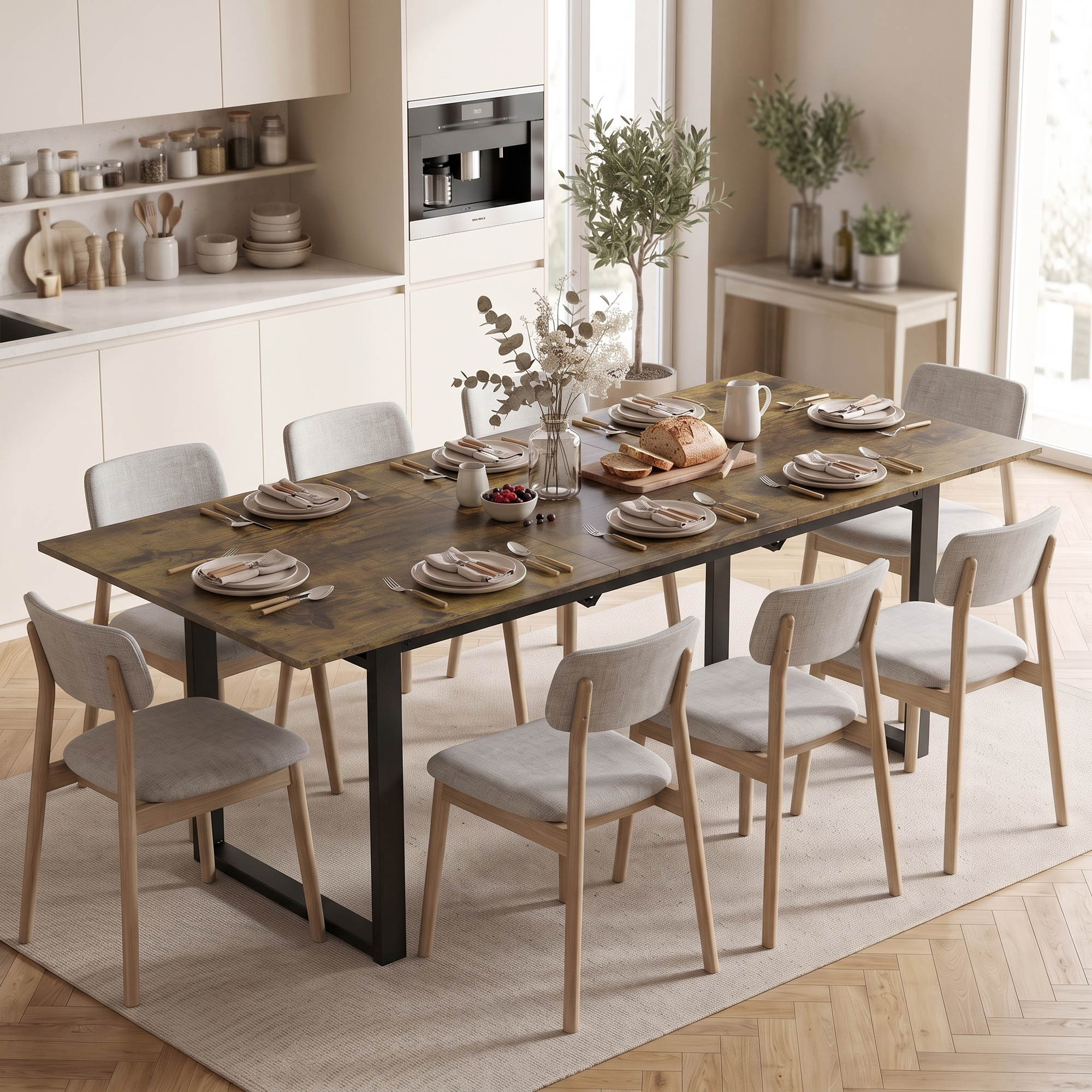 ausziehbarer Esstisch 140-180 cm für 6-8 Personen, rechteckig im Industrial-Design mit Stahlgestell, Tigerholzoptik