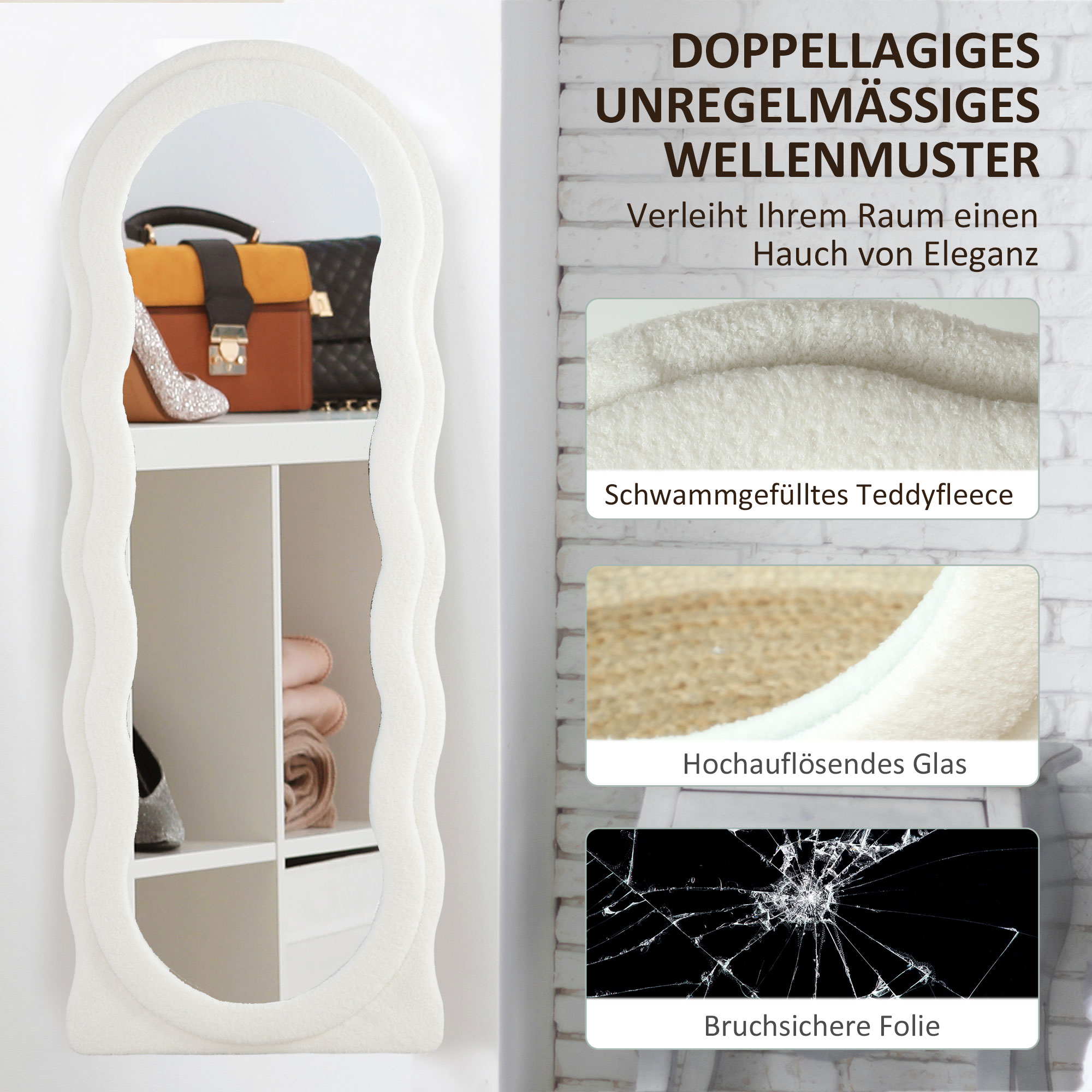 Ganzkörperspiegel 160 x 60 cm Gewölbter Standspiegel mit Wellendesign Bruchsichere Glas Weiß