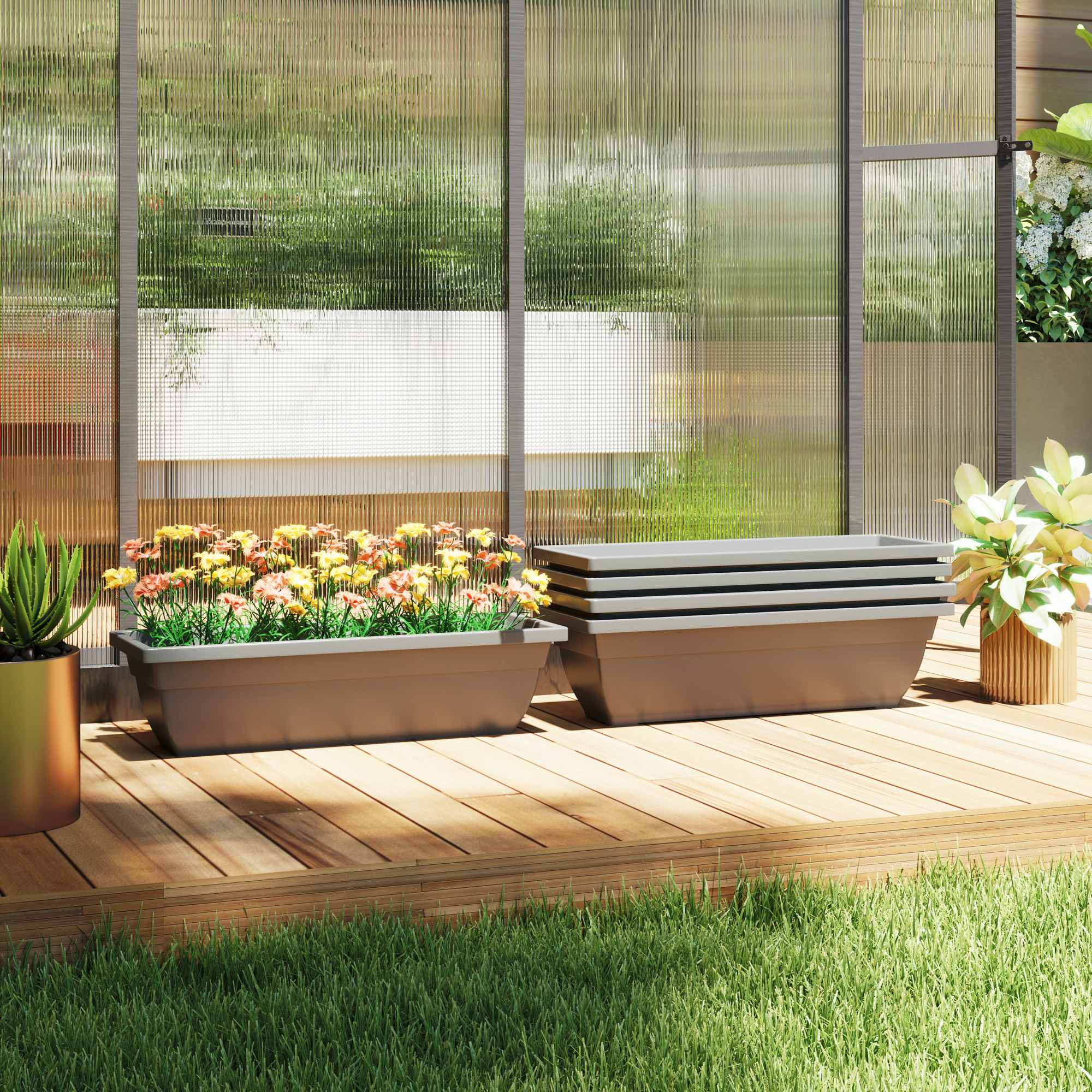 5er-Set Blumentöpfe, Pflanzengefäße aus Kunststoff für Terrasse, Garten, Balkon, 59 x 21 x 16 cm, Grau