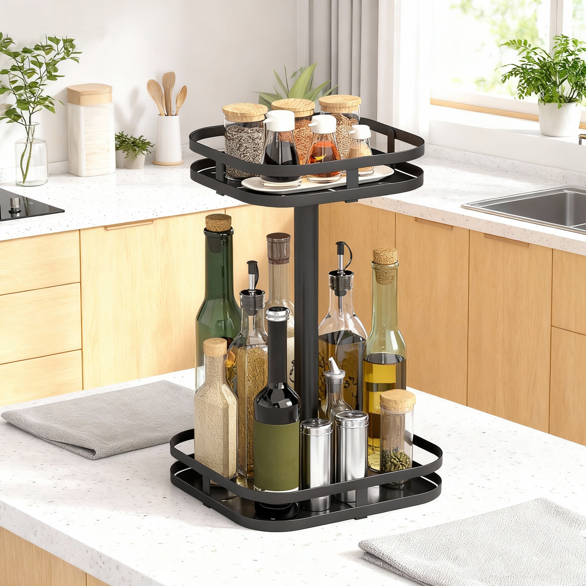 Drehbares Gewürzregal, 2-stufiges Design, Saugfüße, Metall, Schwarz