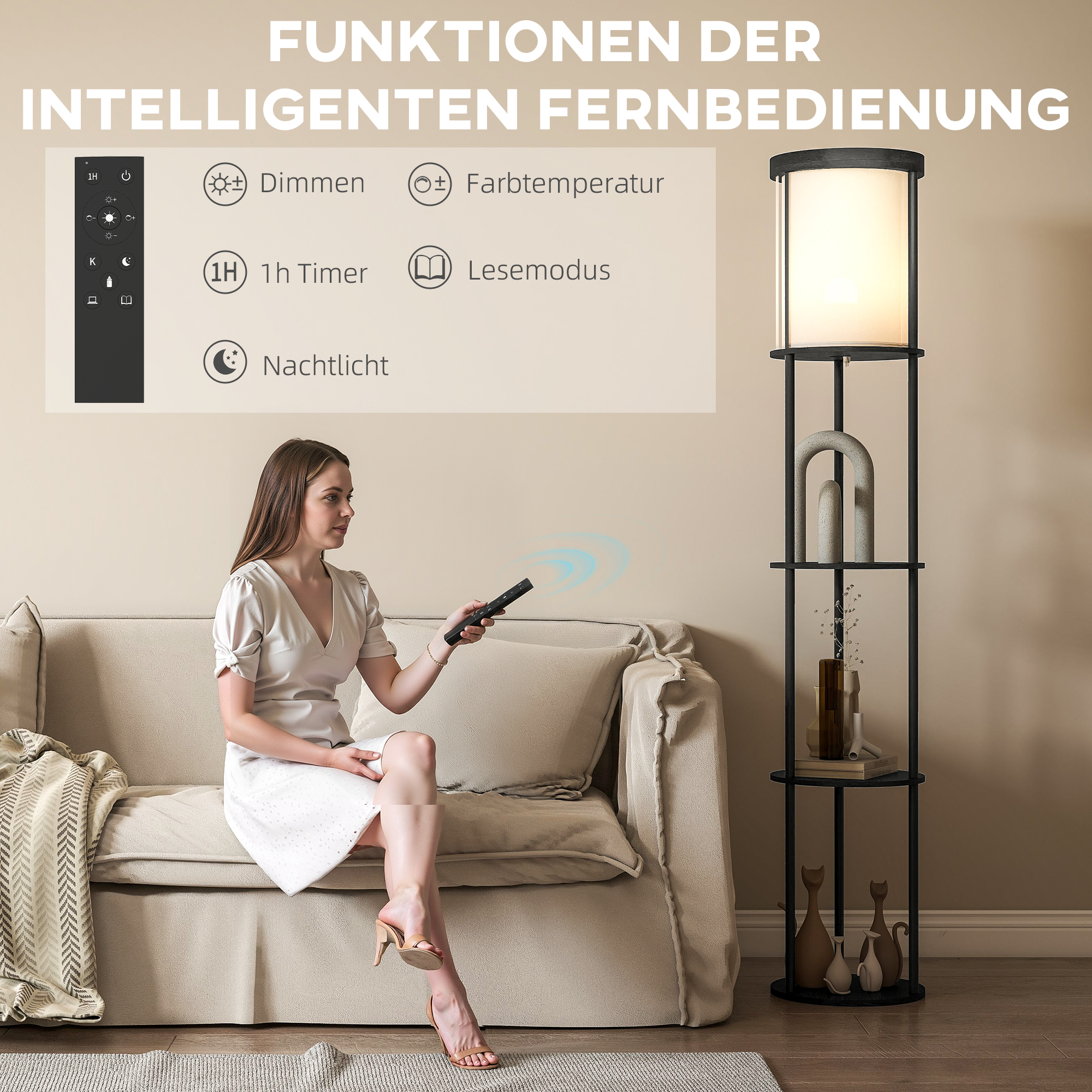 Stehlampe mit 3 Regalen, rundes Design, Fernbedienung, Fußschalter, verstellbare Lichtwärme, für Wohnzimmer, Schwarz