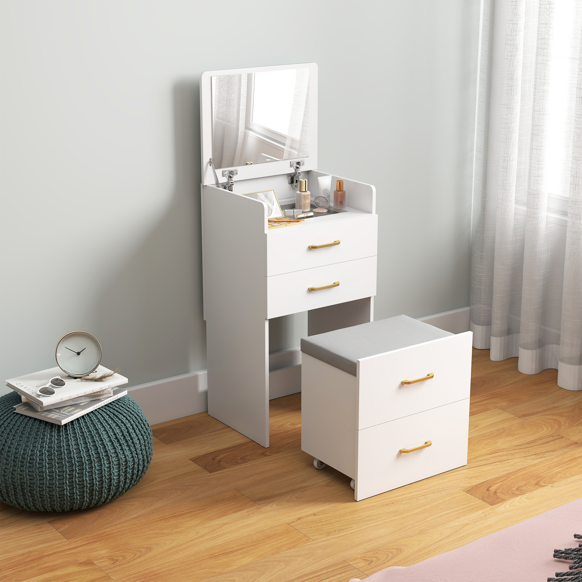 3-in-1-Schminktisch mit Spiegel, Nachttisch, Rollhocker, Schubladen, Weiß