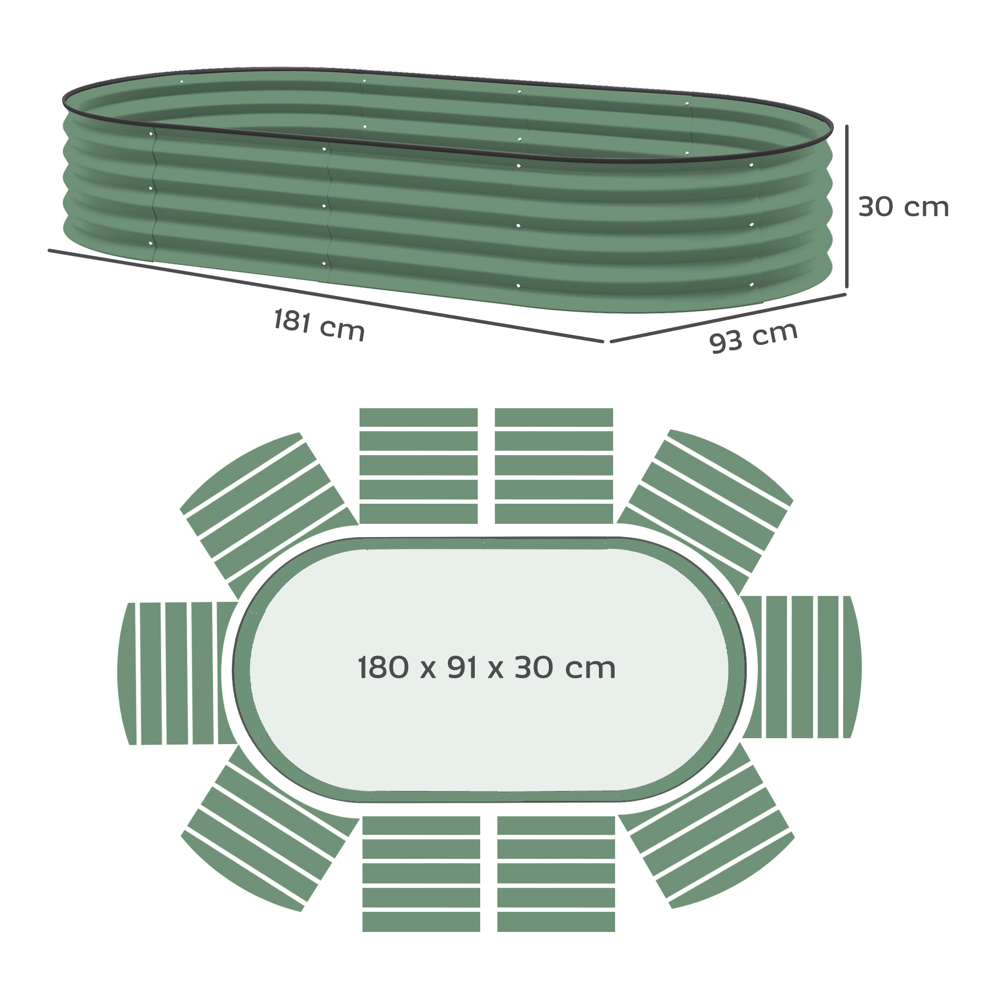 2er-Set Hochbeete für Garten, Outdoor-Pflanzenkübel mit offenem Boden, Gummirand, Metall, 181 x 93 x 30 cm, Grün
