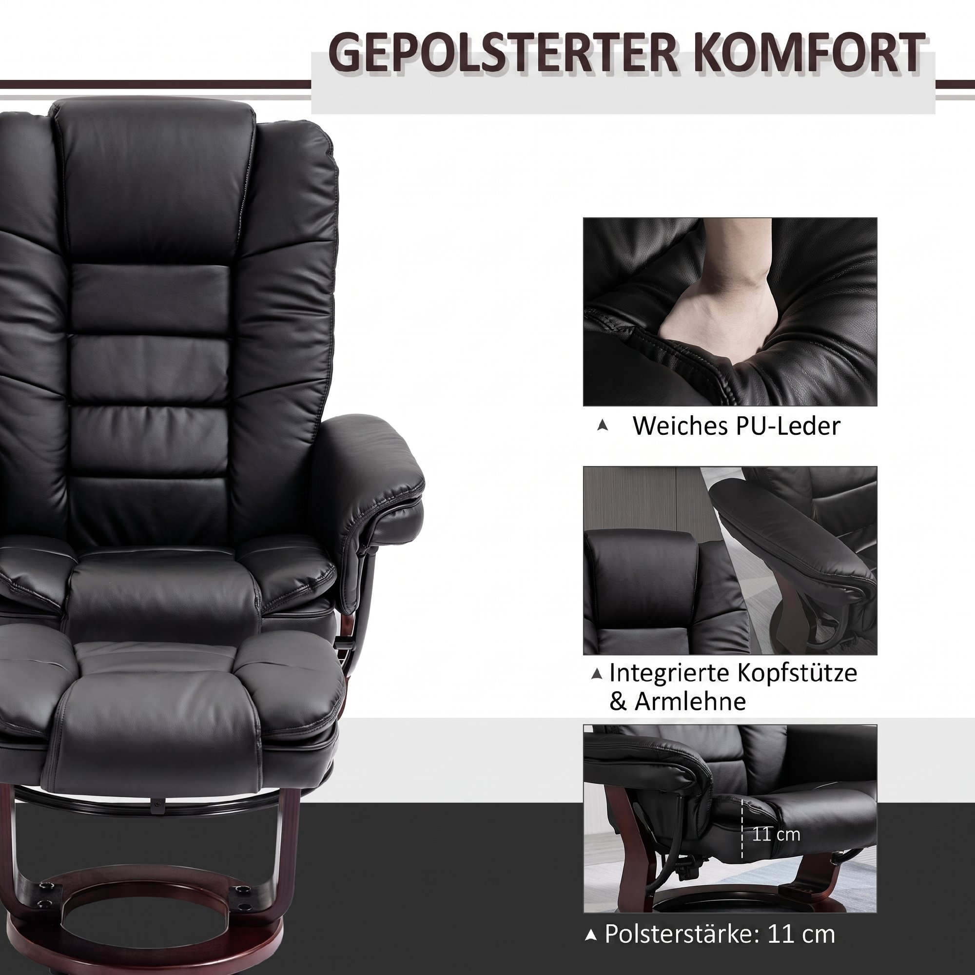 Relaxsessel mit Hocker, Liegesessel, drehbar, neigbare Lehne, Lederoptik, bis 130 kg, Schwarz