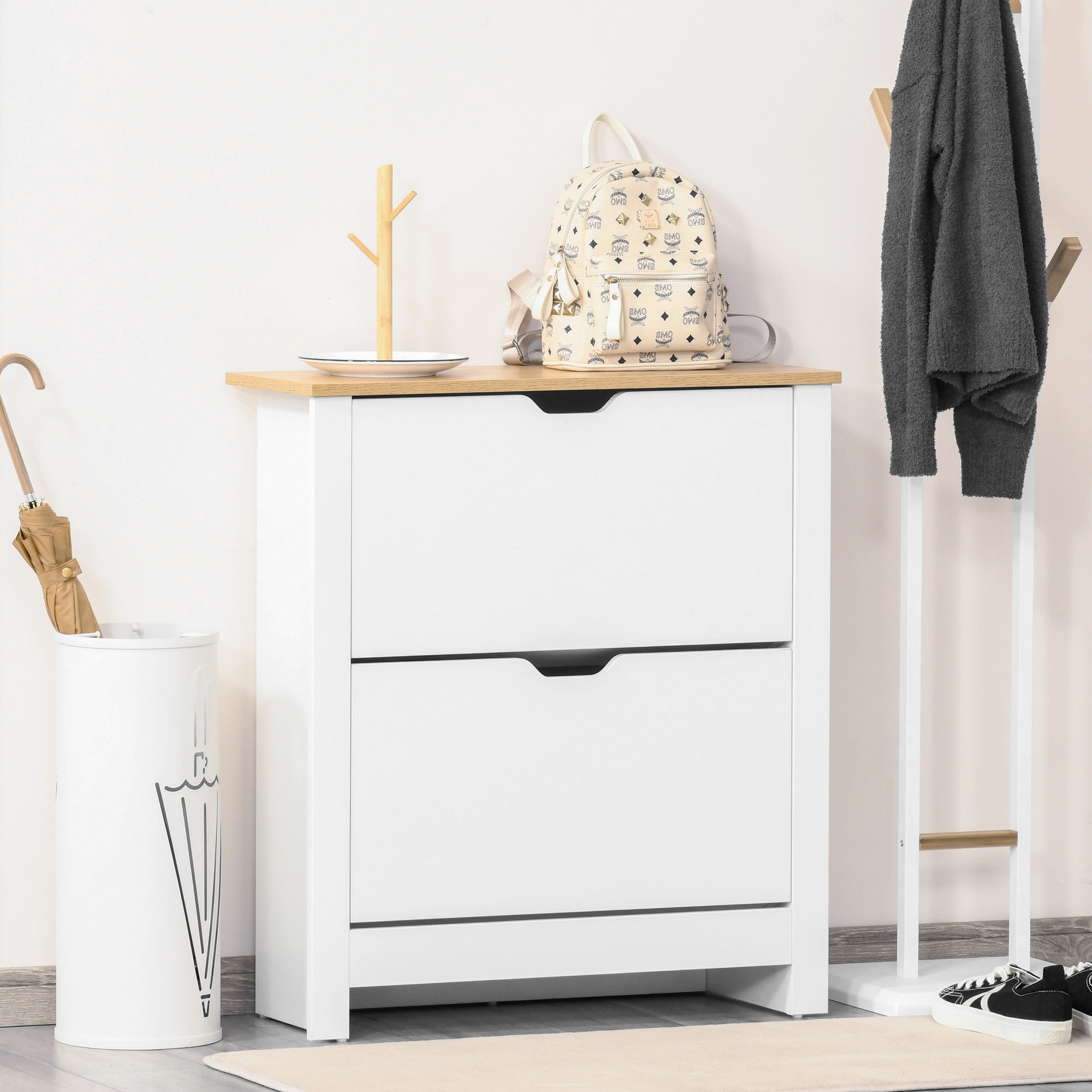 Schuhschrank Schruhregal Schuhaufbewahrung, 2 Fächer, 12 Paar Schuhe,  72 cm x 26 cm x 80 cm, Weiß + Braun