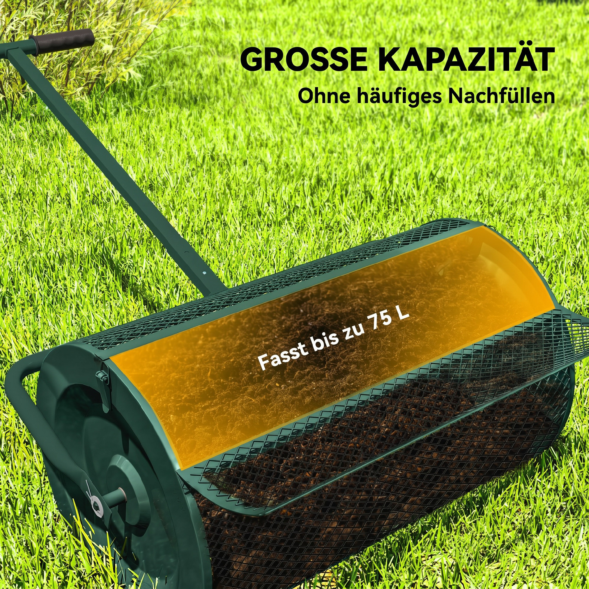Kompoststreuer 75L 61x40cm Düngerstreuer Rasen Garten mit T-Griff Mesh-Korb Metall Grün