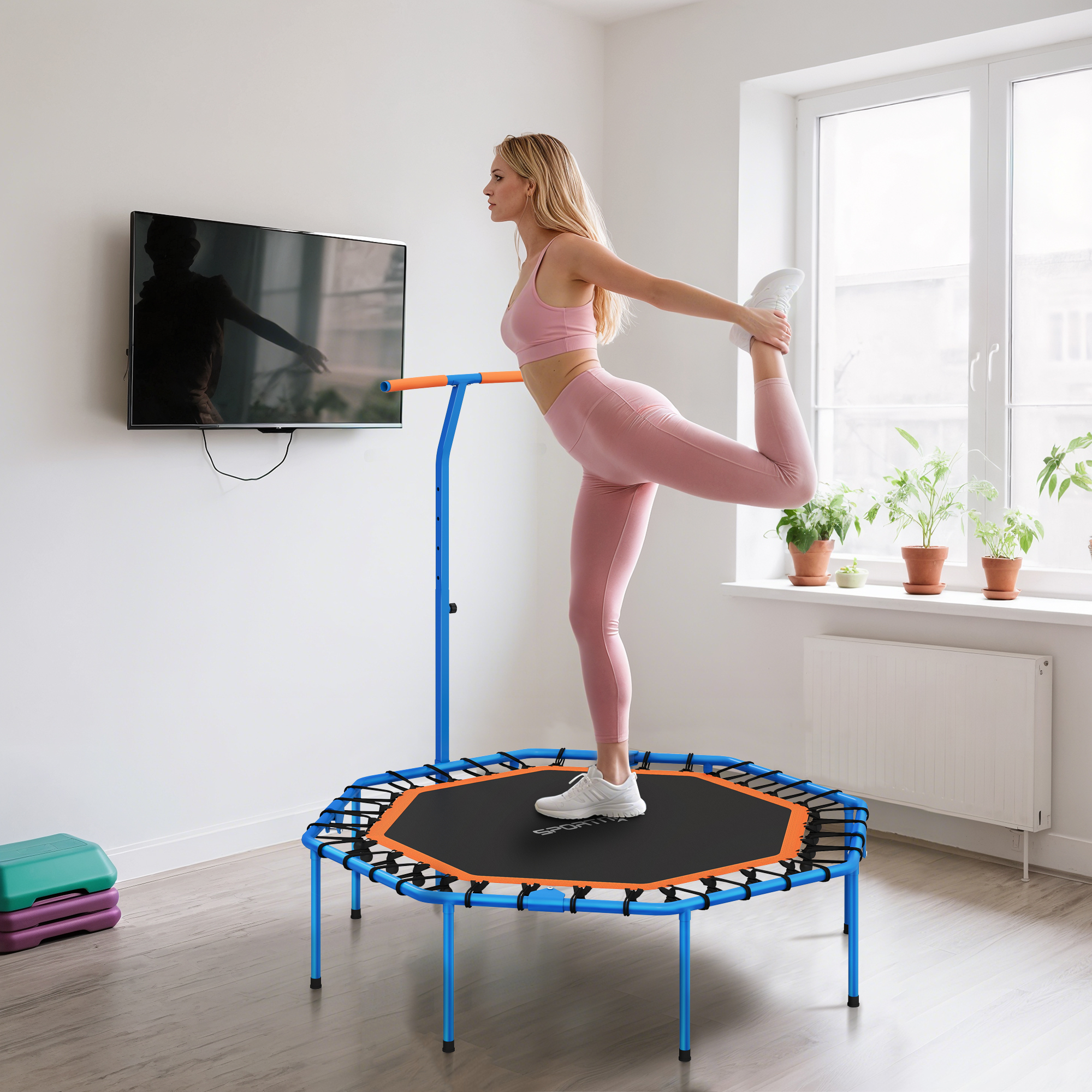Fitness-Trampolin, Trainingstrampolin mit verstellbarem Haltegriff, stabil und leise, für drinnenf, Stahl, Blau