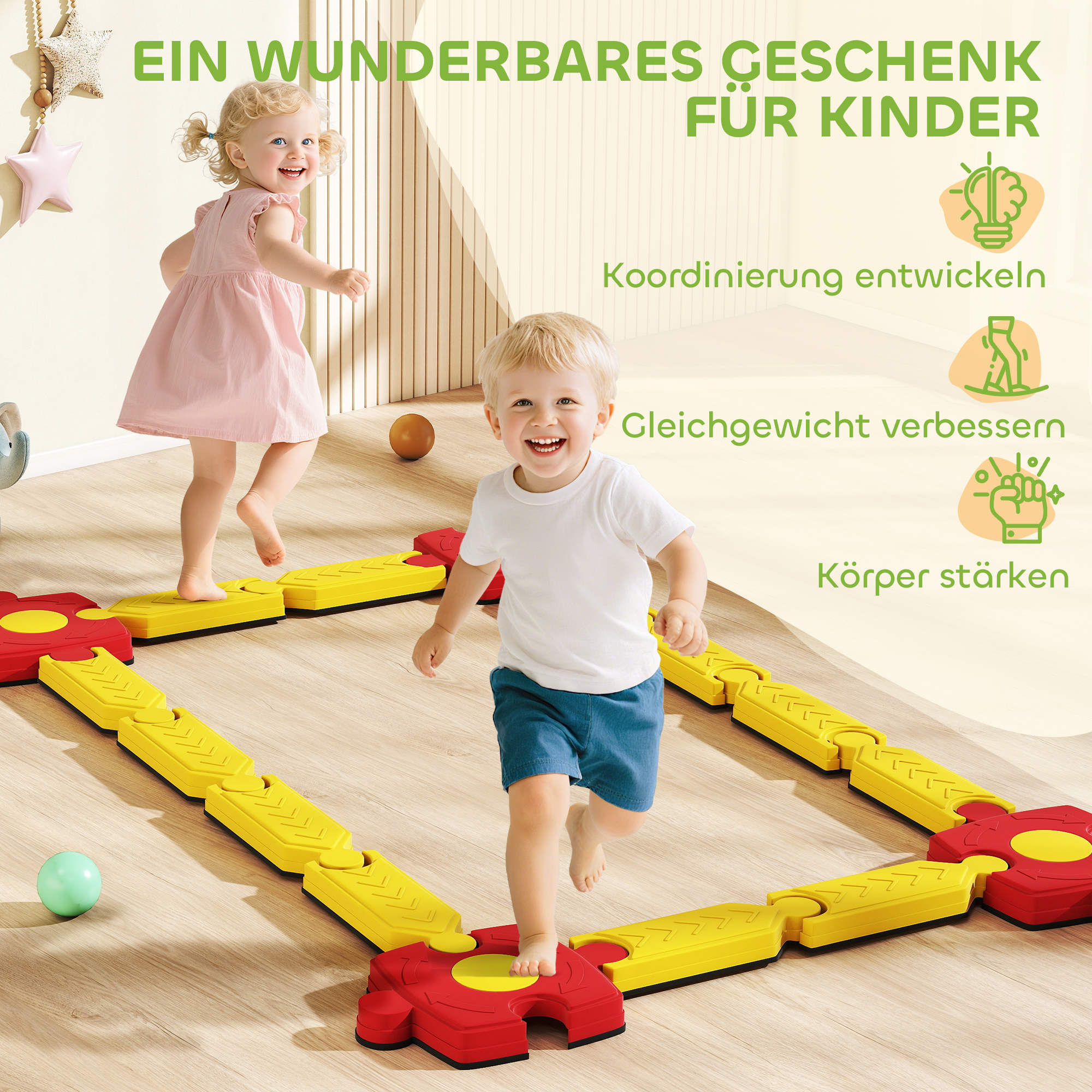 Kinder Schwebebalken-Set, frei gestaltbar, Kunststoff, flexible Teile, Gelb+Rot