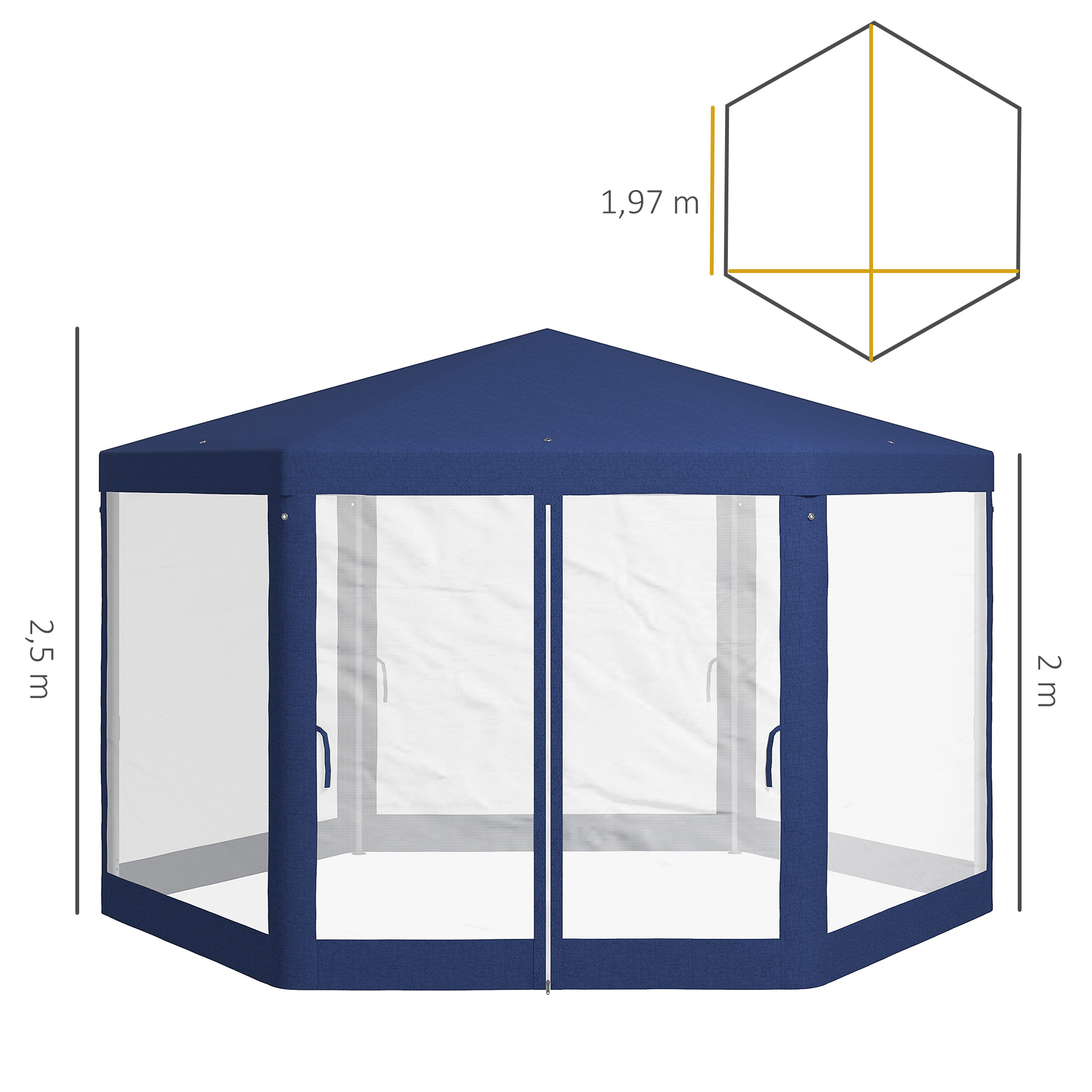 Gartenpavillon, 6-eckig, Netzvorhänge, Metallgestell, 3,94x3,412x2,5m, Blau