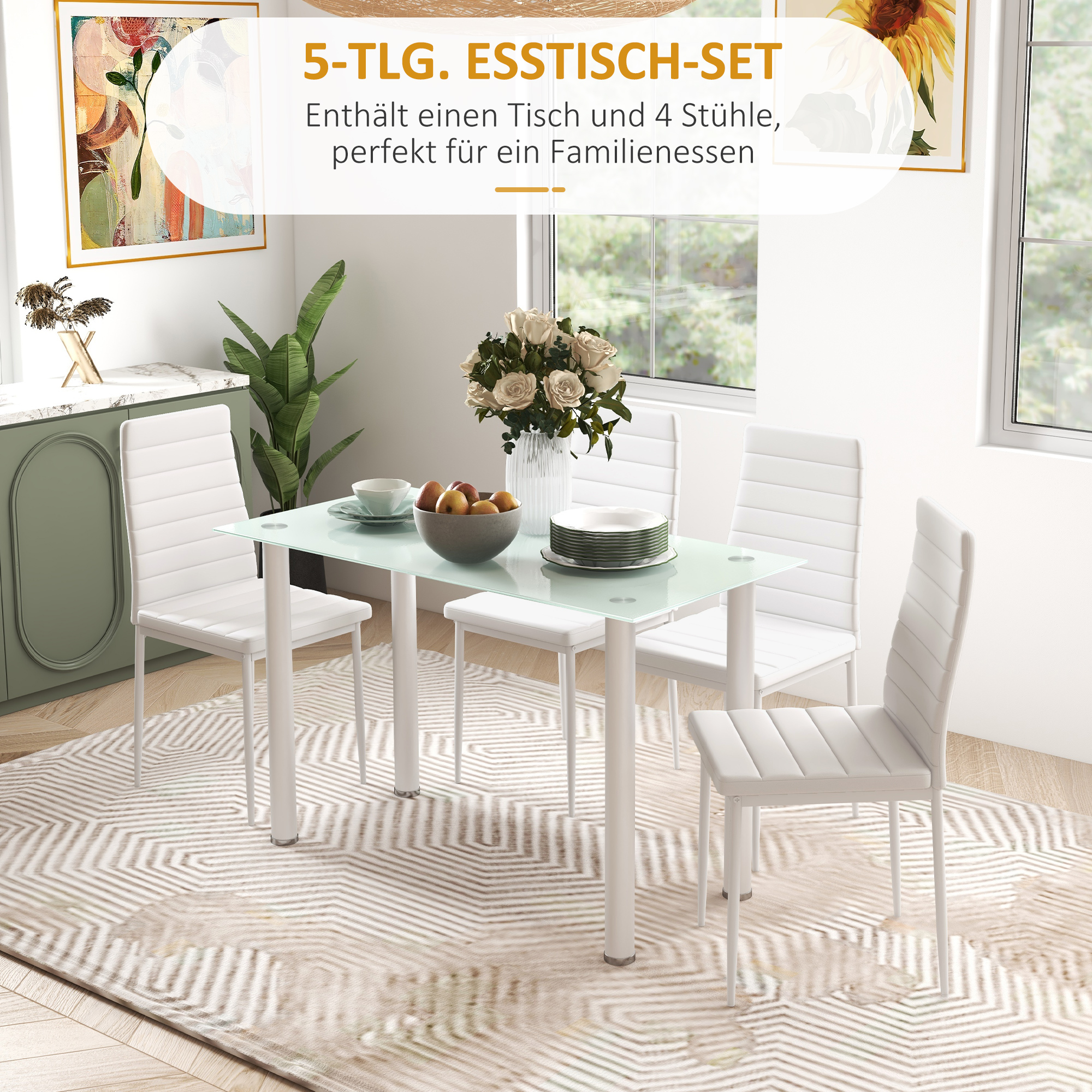 5-tlg, Essgruppe Sitzgruppe Esstisch mit 4 Stühlen, modernes Design, Glastisch, Weiß