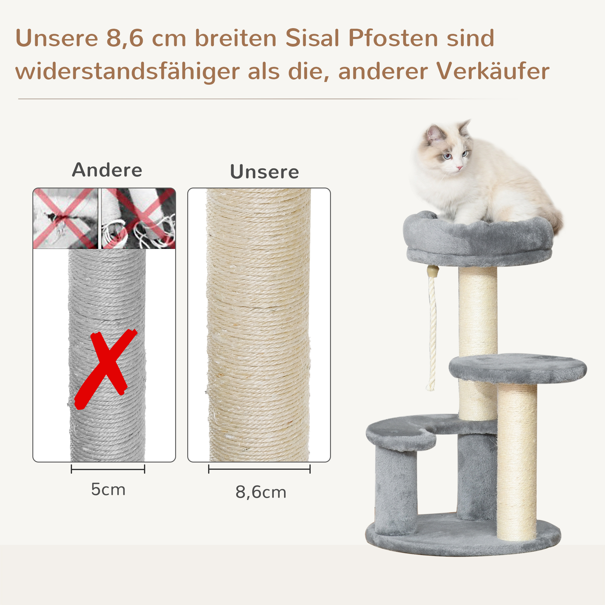 Katzenbaum Kletterbaum mit Hängematte, 3-Stufiger Spielbaum mit Katzenbett Katzenkratzbaum mit Sitzplattform, Sisalsäulen, Grau Ø40 x H65 cm