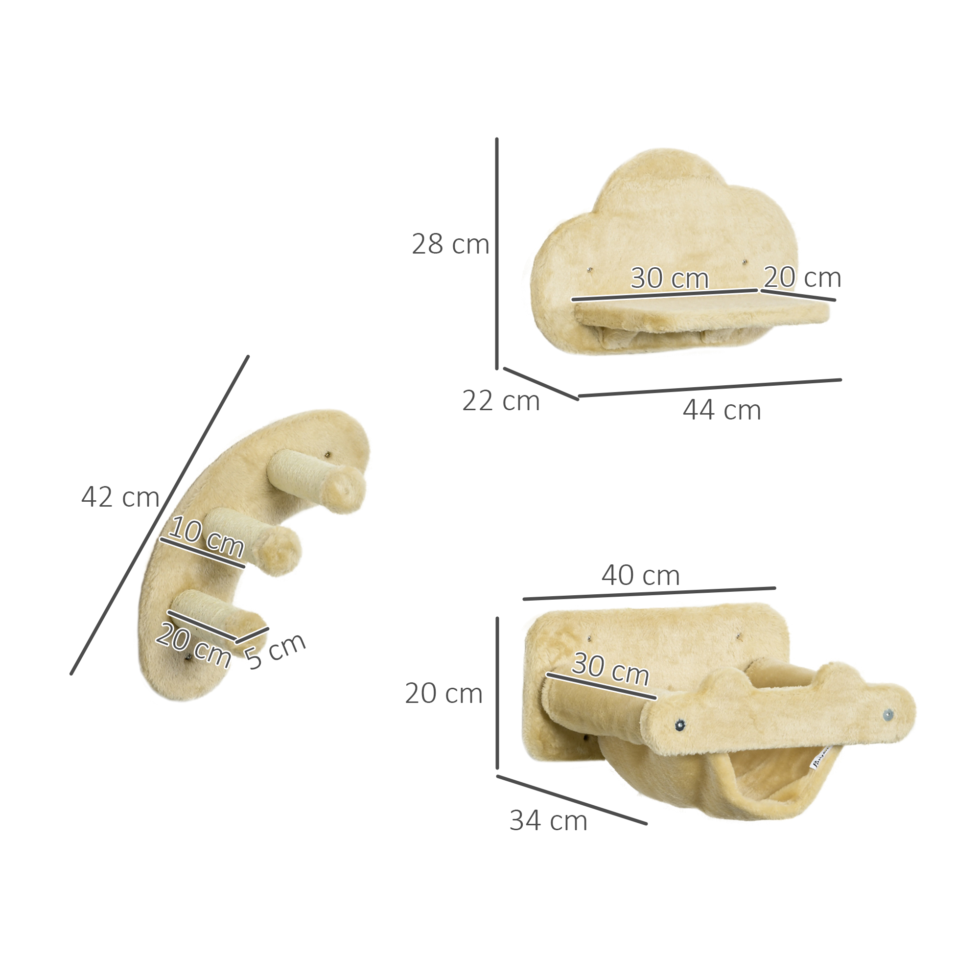 Katzentreppe, 4-teiliges Set, 3-stufige Sprossenleiter, 2 Plattformen, Hängematte, Plüschbezug, beige