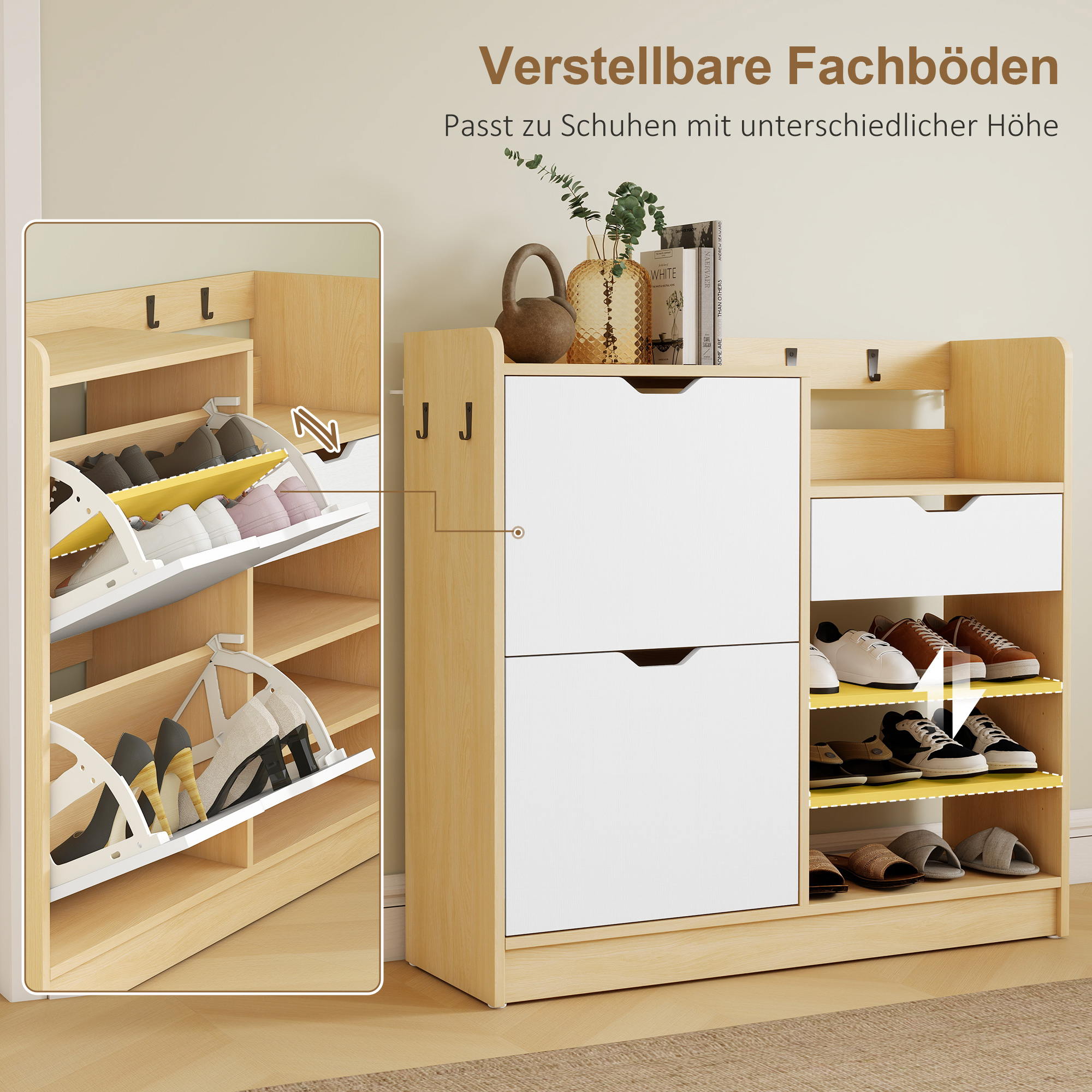 Schuhregal für Flur, Schuhschrank mit Kippschubladen, offenen Regalen, 4 Haken, für bis zu 14 Paar Schuhe, Natur