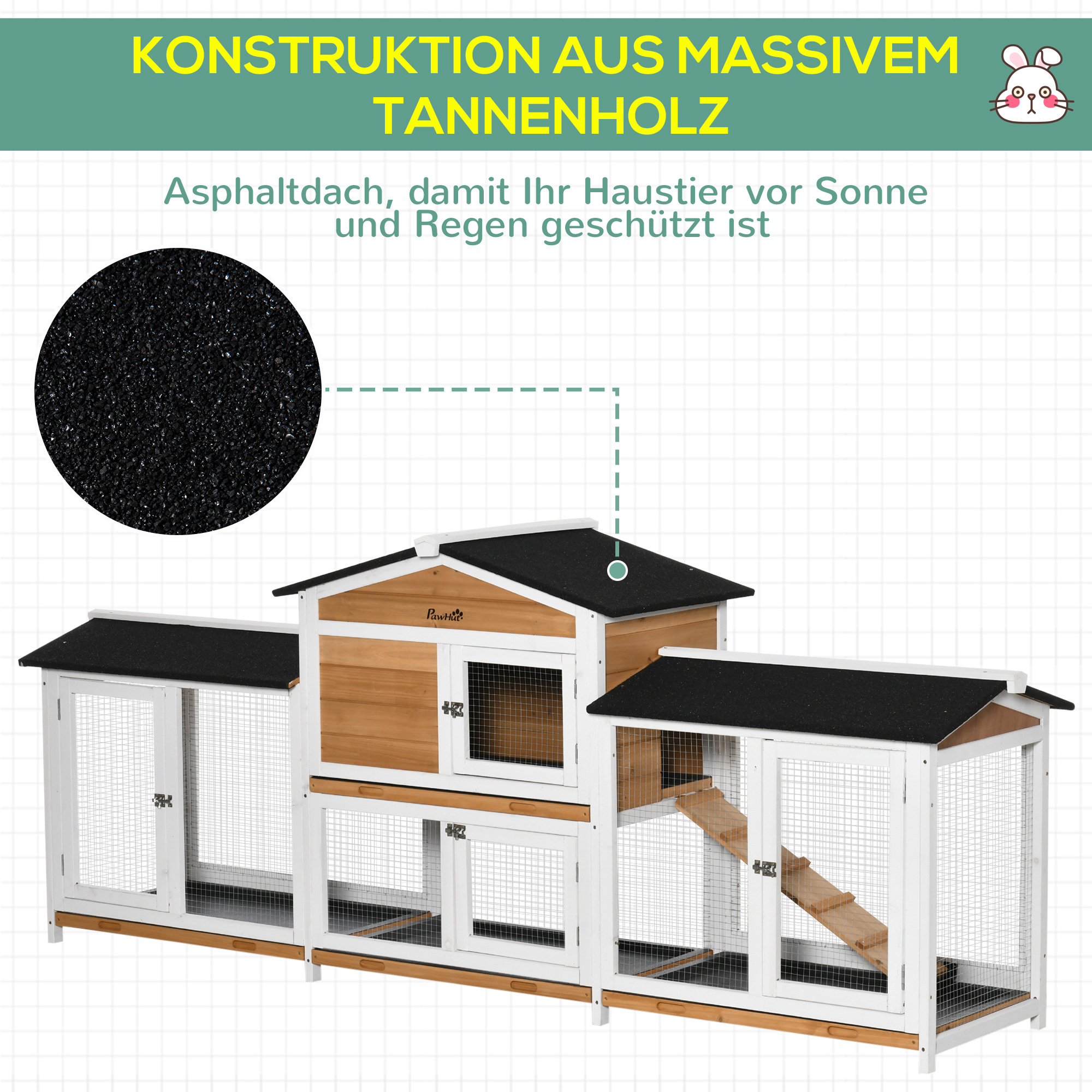 Kleintierstall mit Freigehege inkl. Rampe Asphaltdach Tannenholz Schwarz + Weiß + Natur