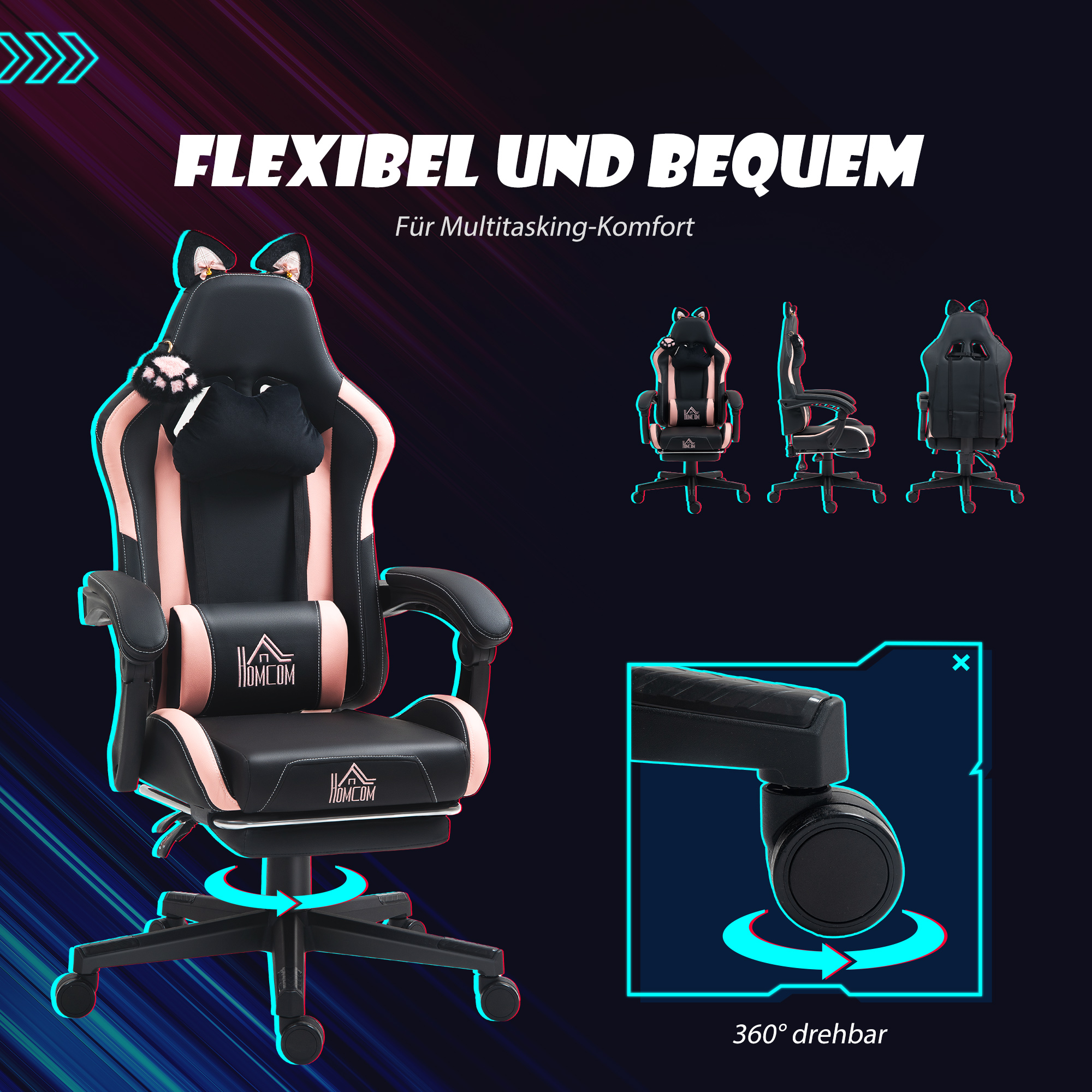 Gaming-Sessel mit Katzenohren, neigbare Lehne, ausziehbare Fußstütze, bis 120 kg, Rosa/Schwarz