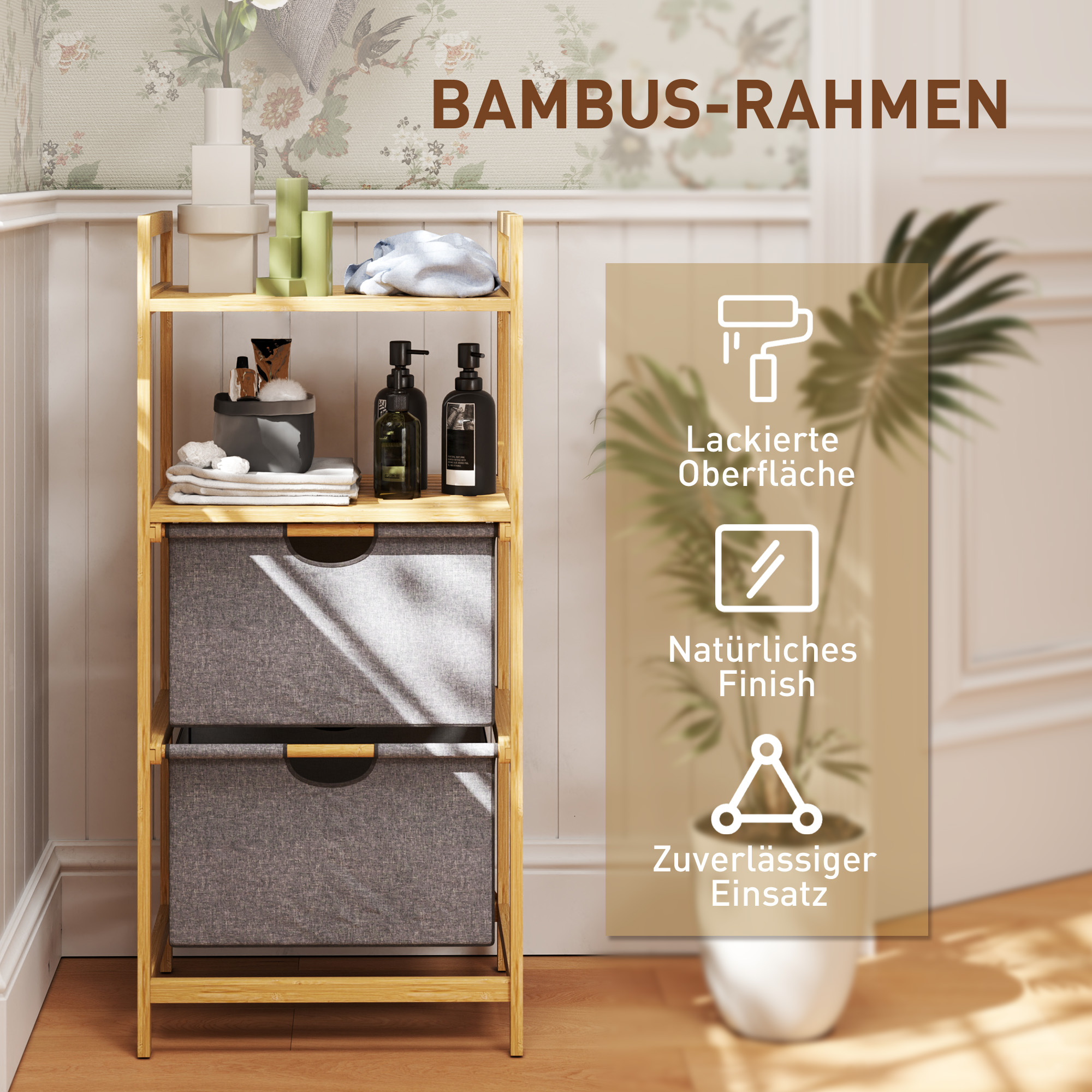 Bambus-Wäscheregal, mit 2 Wäschekörben aus Stoff, offene Ablagen, platzsparend, Naturholz