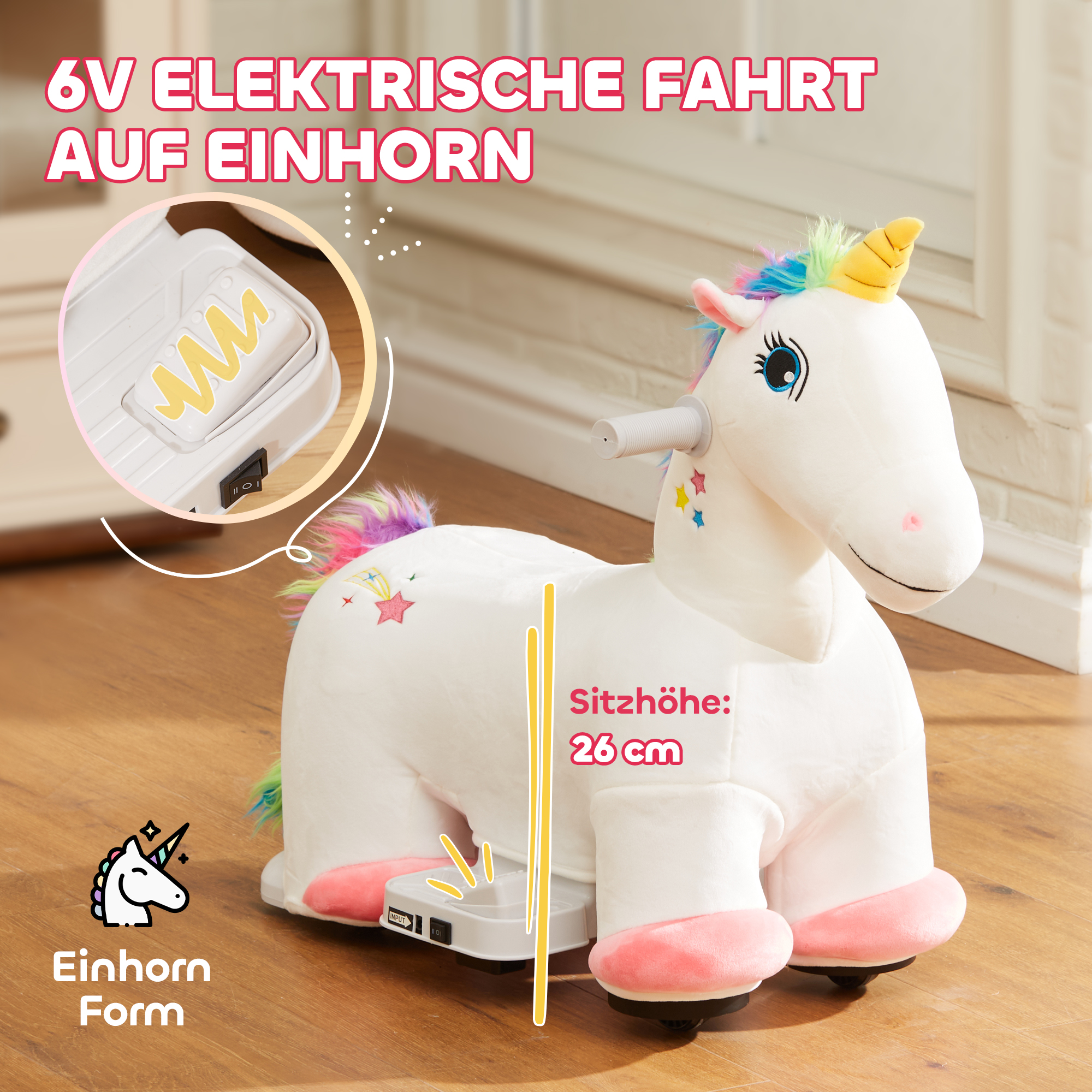 6V Elektrisches Reiteinhorn für Kinder, Batteriebetrieb, Mit Musikfunktion und Vorwärtsbewegung, 18-36 Monate, Weiß