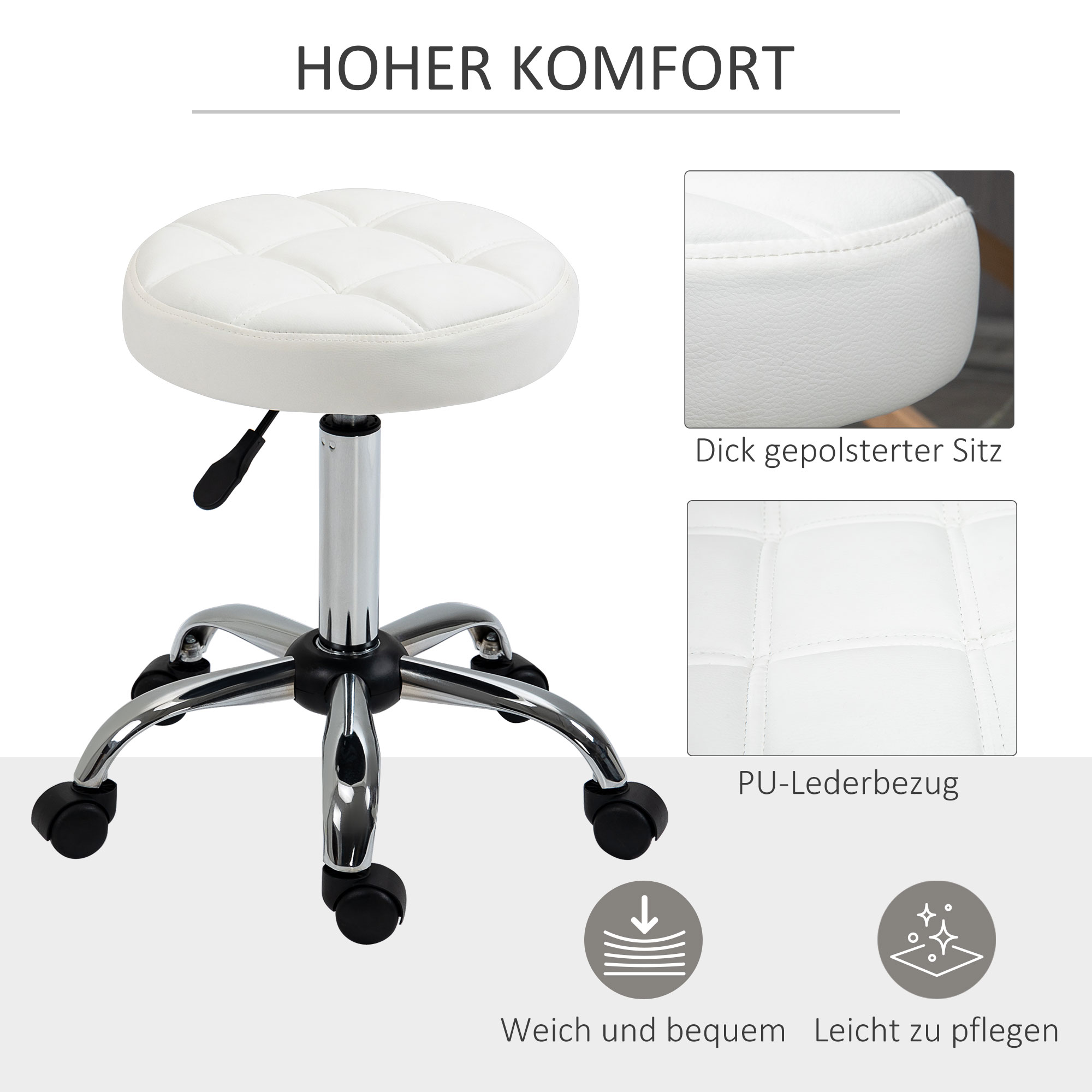 Drehhocker, Salonhocker, höhenverstellbar, Kunstleder, Steppdesign, Ø35,5 x 48-63 cm, Weiß/Silber